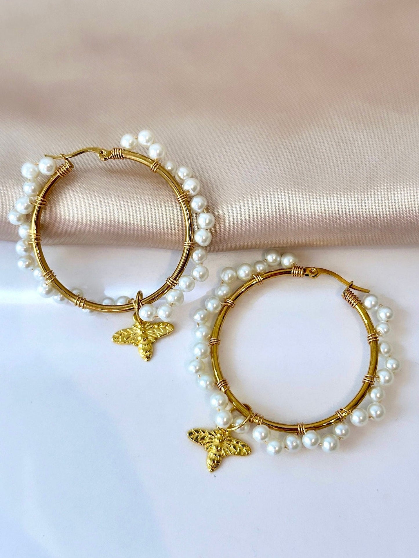 Gold Bee Earrings, Bee Hoop Earrings, Pearl Hoop Earrings Gold, Wire Wrapped Hoop Earrings, Pearl Beaded Earrings, Large Hoop Earrings Gold