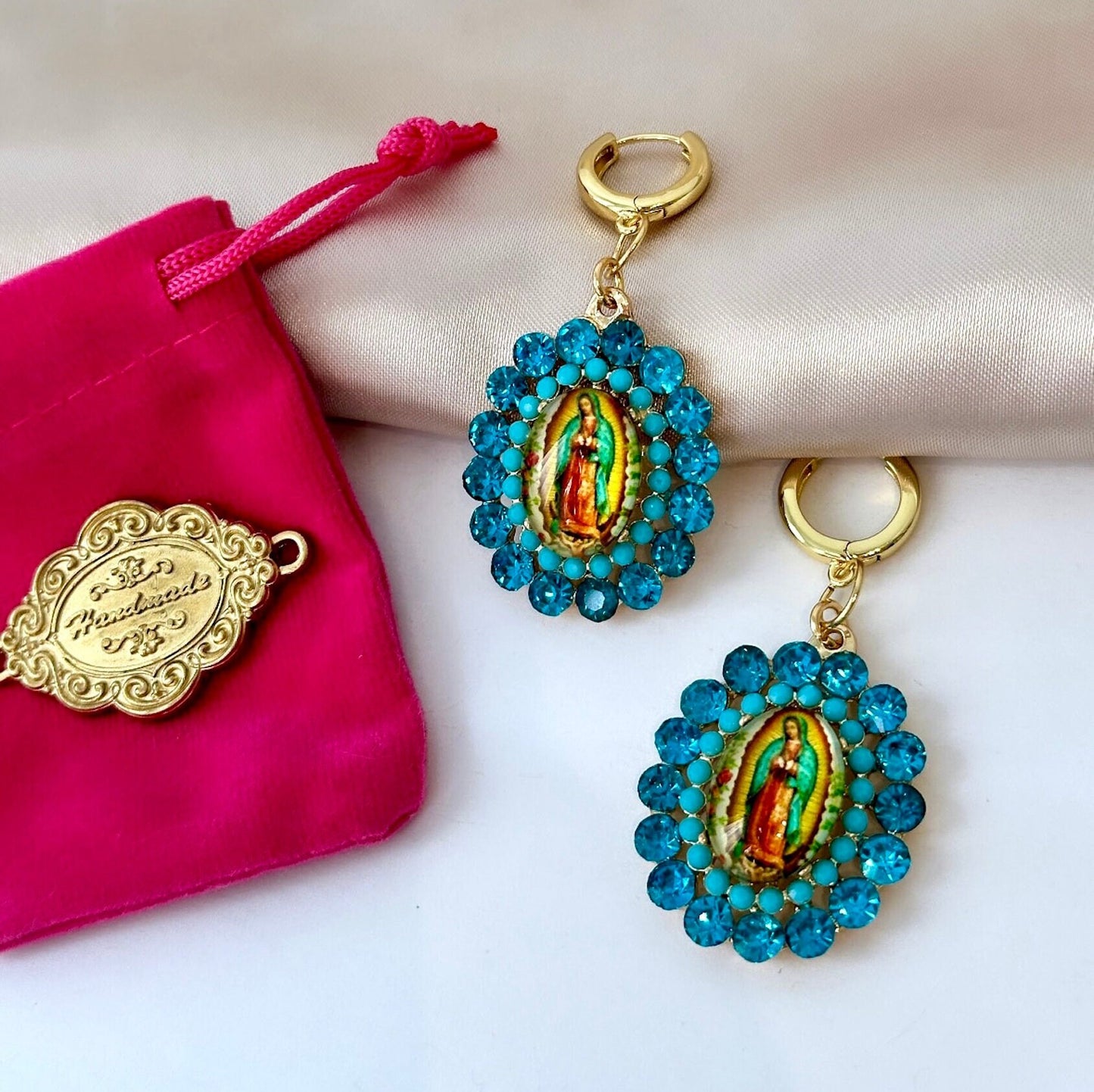 Virgin Mary Earrings, Our Lady Of Guadalupe Earrings, Mexican Earrings, Religious Earrings, Catholic Earrings, Blue Statement Earrings