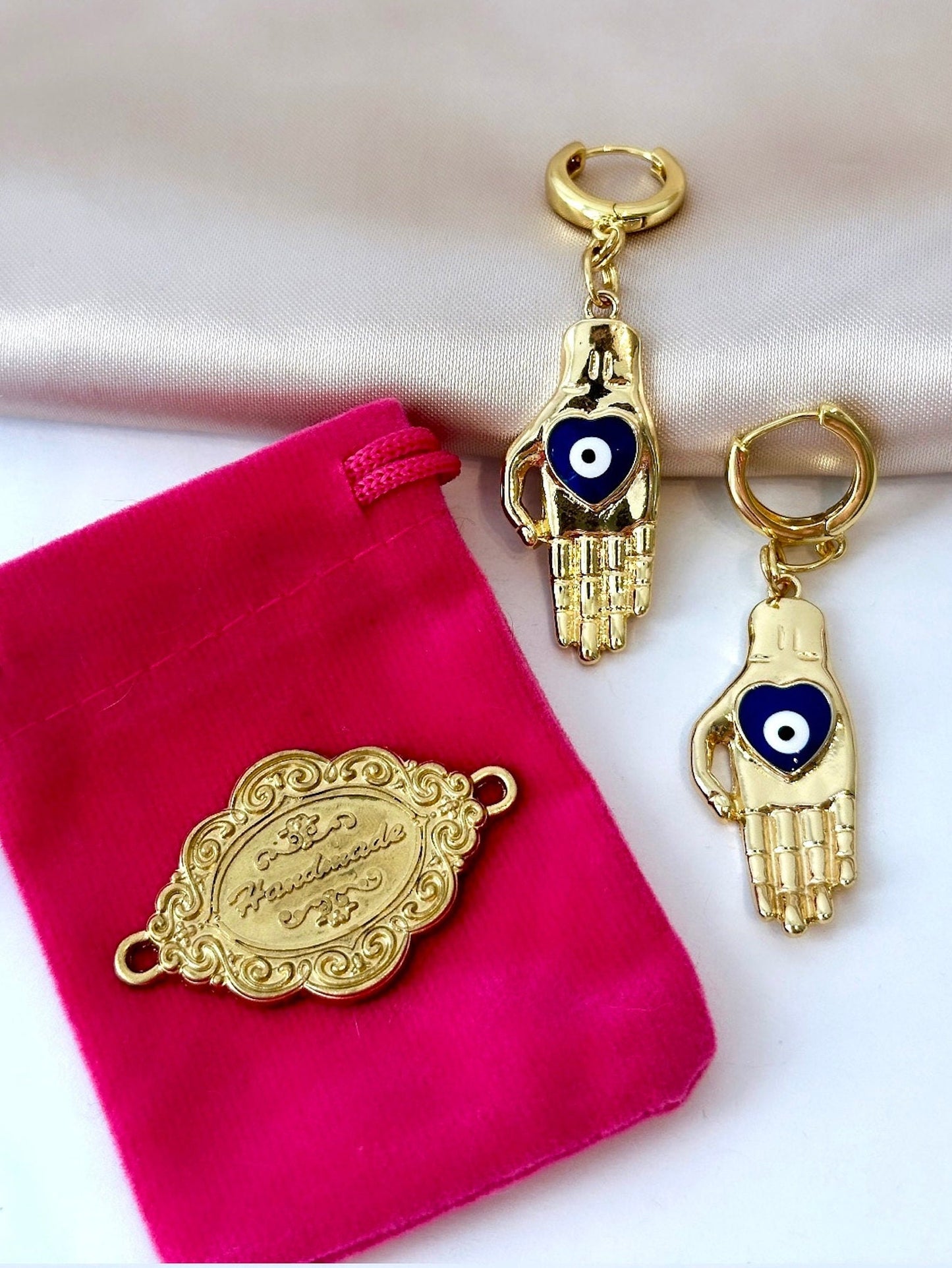 Evil Eye Hoop Earring, Gold Hand Earrings, Evil Eye Earrings Gold, Evil Eye Heart Charm, Tarnish Free Huggie Hoop, Boho Dangle Earrings