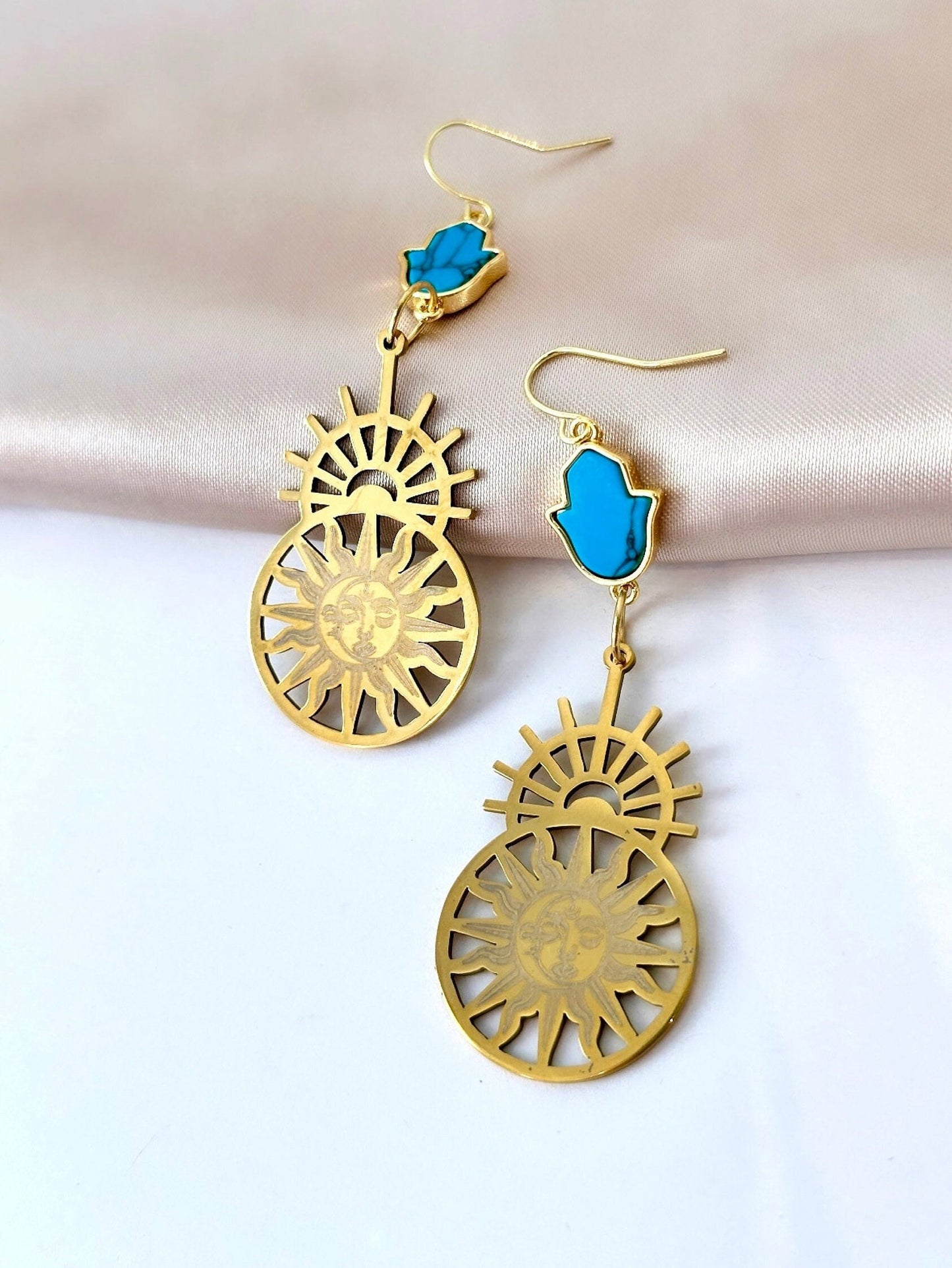 Gold Sun Moon Earrings, Turquoise And Gold Earrings, Hamsa Hand Earrings, Statement Boho Earrings Celestial Earrings Hand Of Fatima Earrings