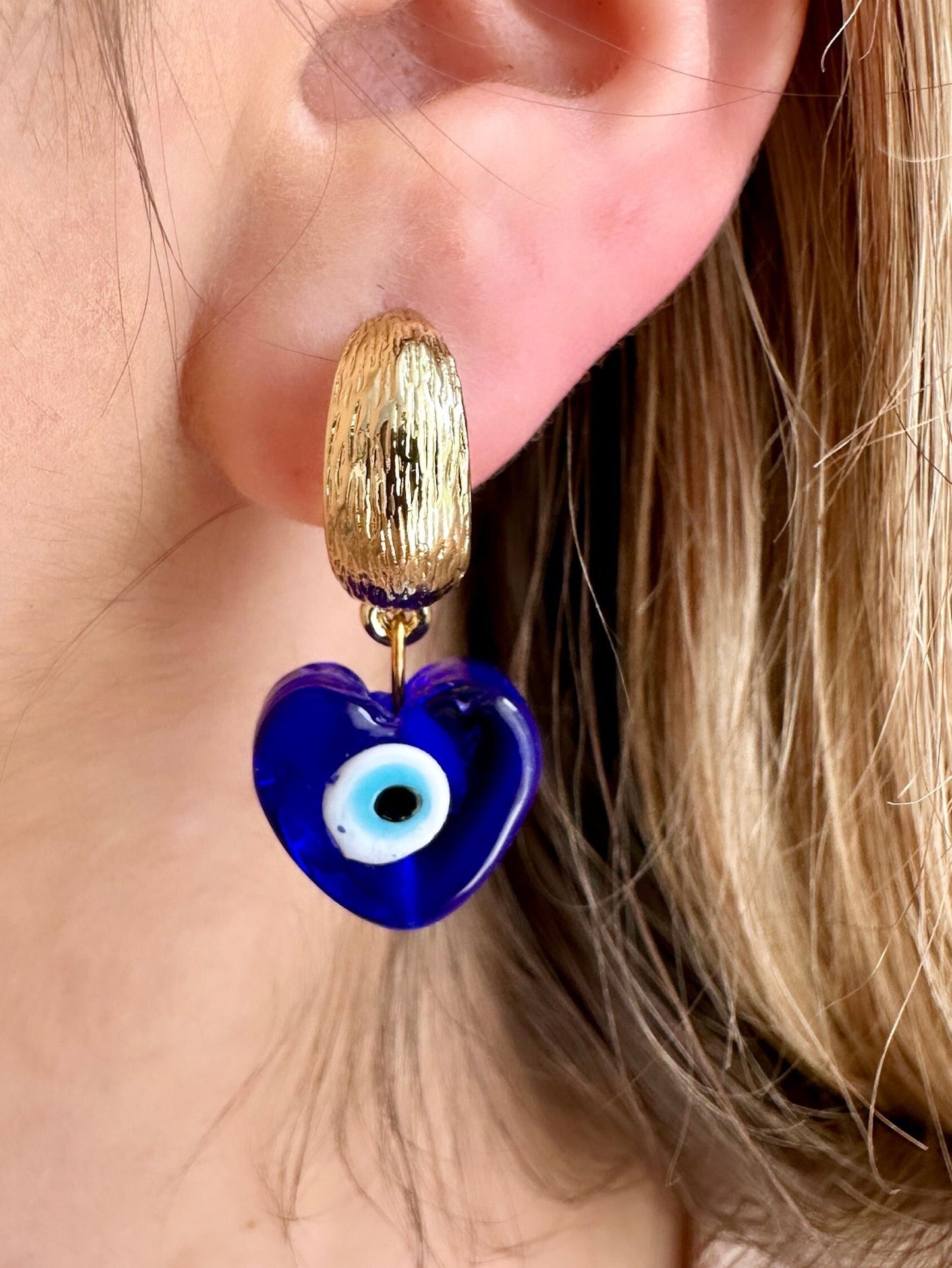 Evil Eye Hoop Earring, Glass Bead Earrings, Evil Eye Dangle Earrings, Glass Heart Earrings, Evil Eye Heart Charm, Glass Evil Eye Beads