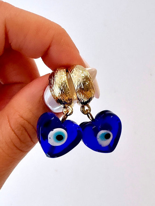 Evil Eye Hoop Earring, Glass Bead Earrings, Evil Eye Dangle Earrings, Glass Heart Earrings, Evil Eye Heart Charm, Glass Evil Eye Beads