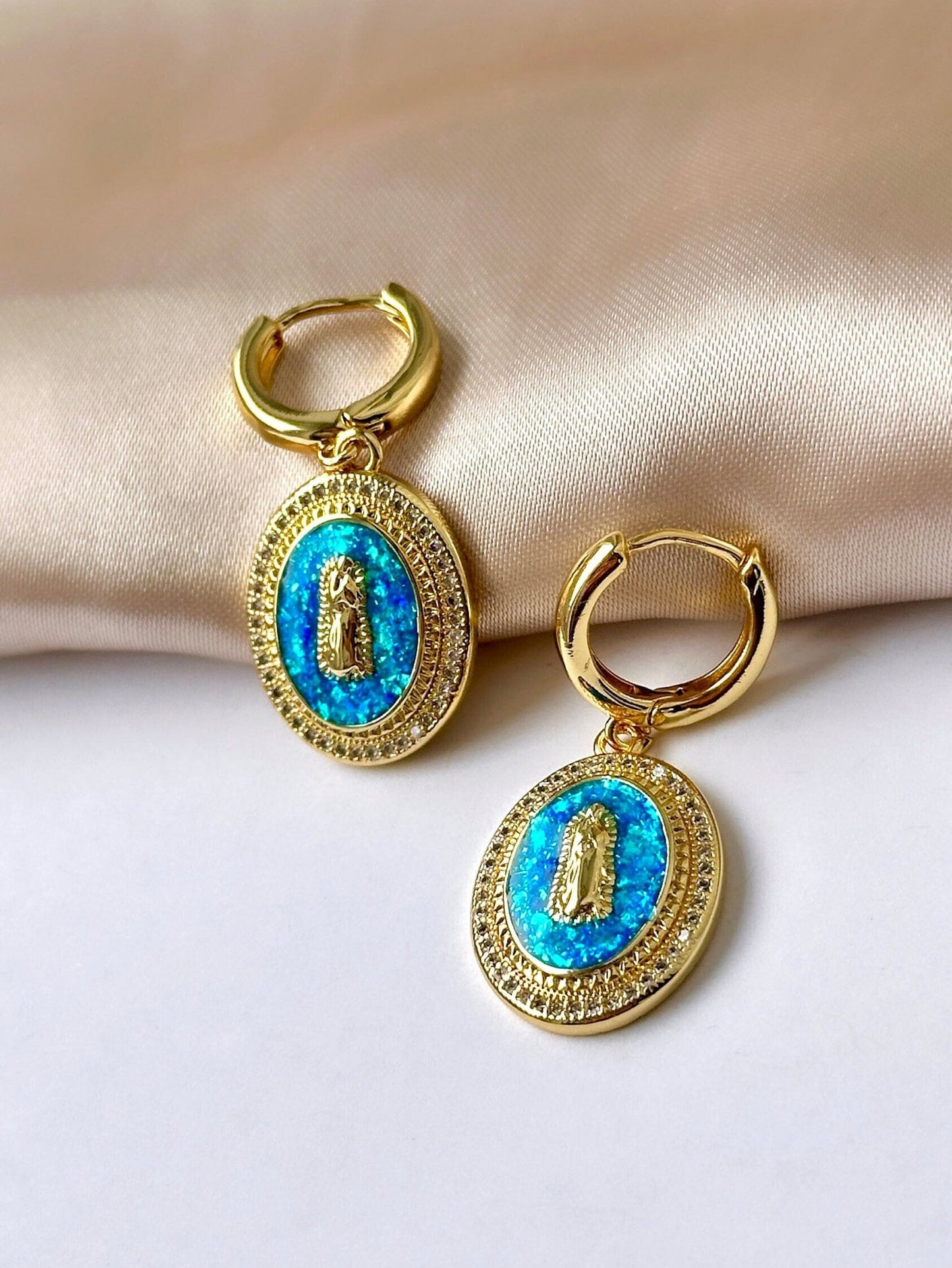 Virgin Mary Earrings, Opal Dangle Earrings, Our Lady Of Guadalupe Earrings, 18K Gold Hoop Earrings, Catholic Earrings, Virgin Mary Medal