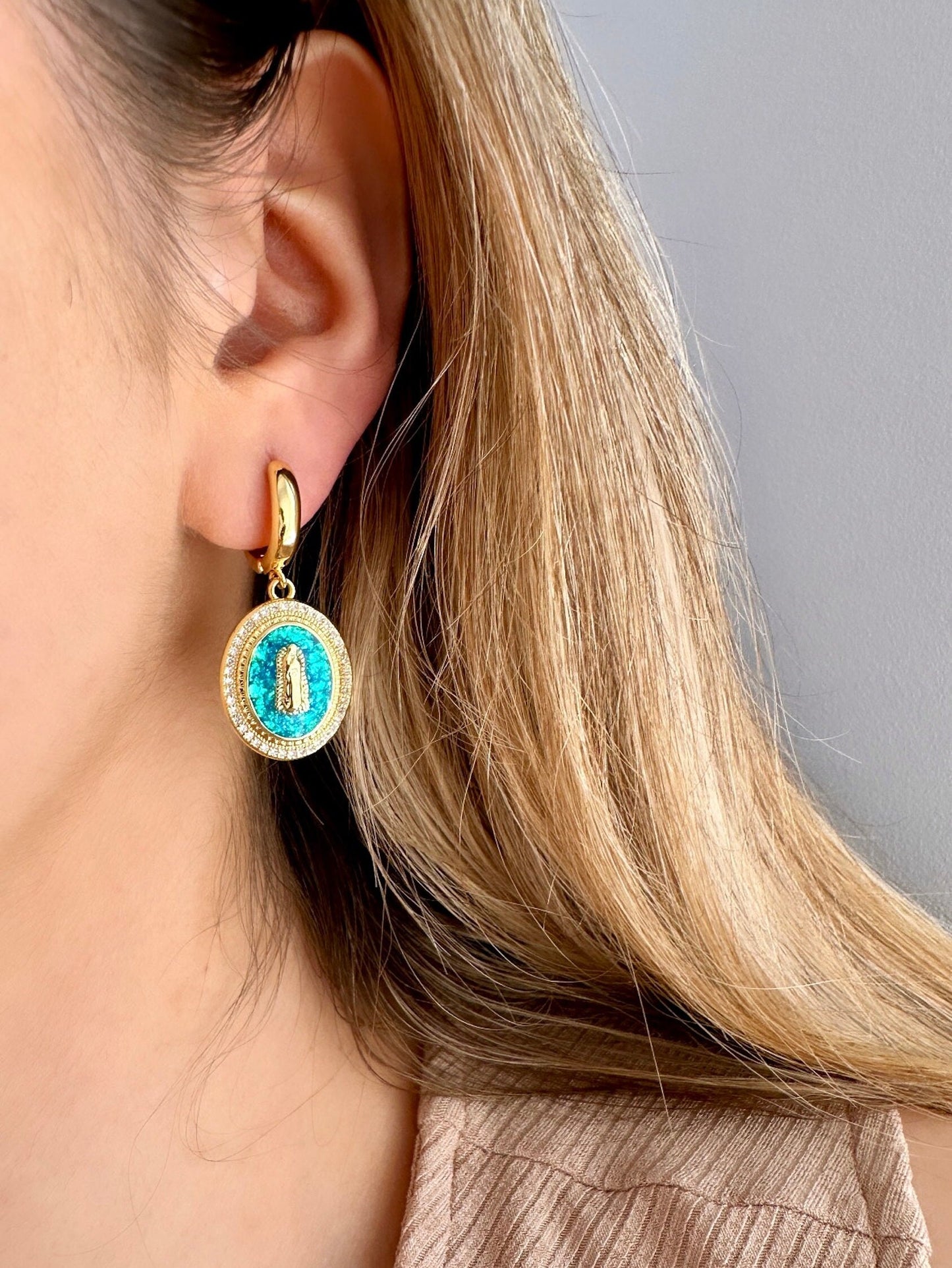 Virgin Mary Earrings, Opal Dangle Earrings, Our Lady Of Guadalupe Earrings, 18K Gold Hoop Earrings, Catholic Earrings, Virgin Mary Medal