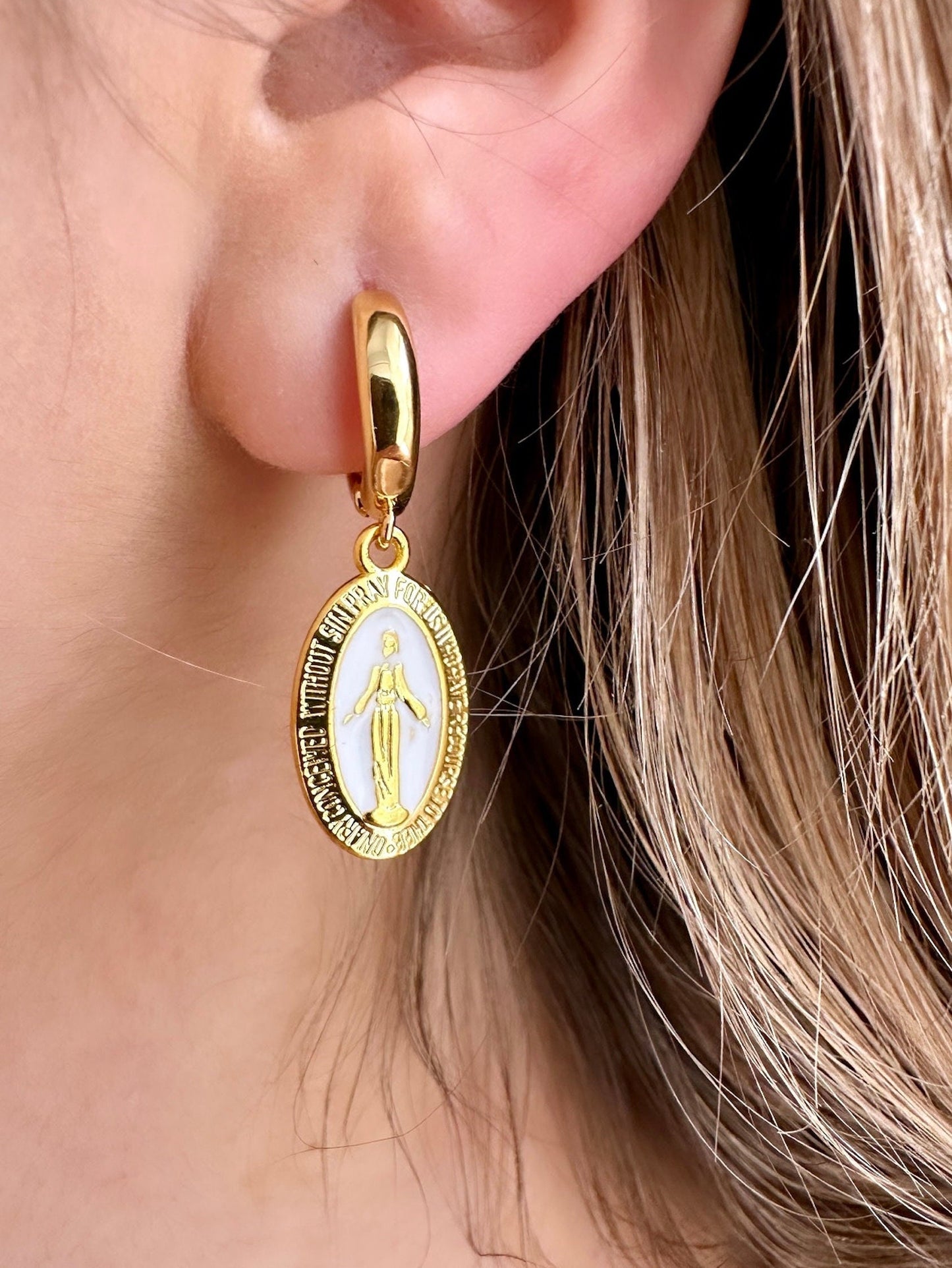 Our Lady Of Guadalupe Earrings, Virgin Mary Gold Earrings, Virgin Mary Hoops, 18K Gold Hoop Earrings, Catholic Earrings, Non Tarnish Hoops