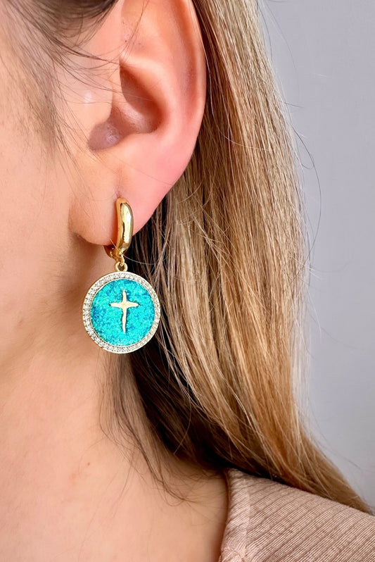 Opal Cross Earrings, Tiny Cross Earrings, Gold Cross Hoop Earrings, Greek Cross Earrings, Resin Cross Earrings, Non Tarnish Hoop Earrings