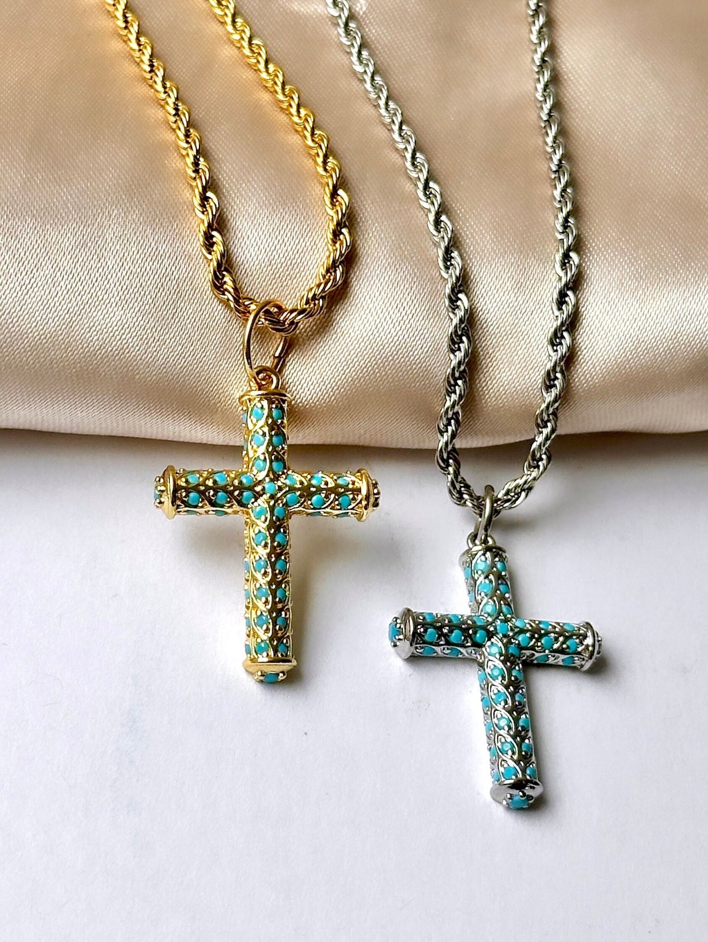 Turquoise Gold Cross, Rope Chain Cross Necklace, Stainless Steel Cross And Chain, Turquoise Silver Cross, Stainless Steel Cross Pendant