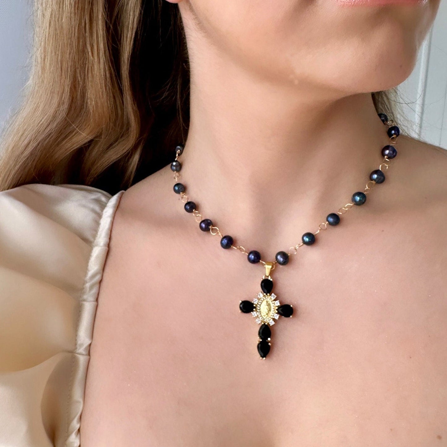 Renaissance Necklace, Black Pearl Necklace For Women, Black Cross Necklace For Women, Real Pearl Cross Necklace, Large Cross Necklace