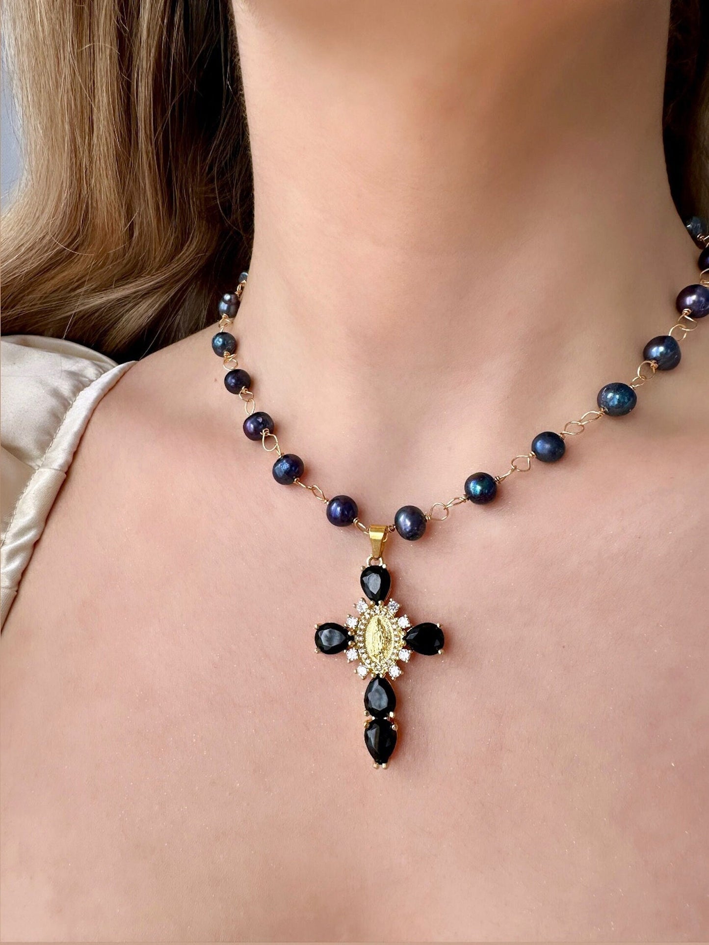 Renaissance Necklace, Black Pearl Necklace For Women, Black Cross Necklace For Women, Real Pearl Cross Necklace, Large Cross Necklace