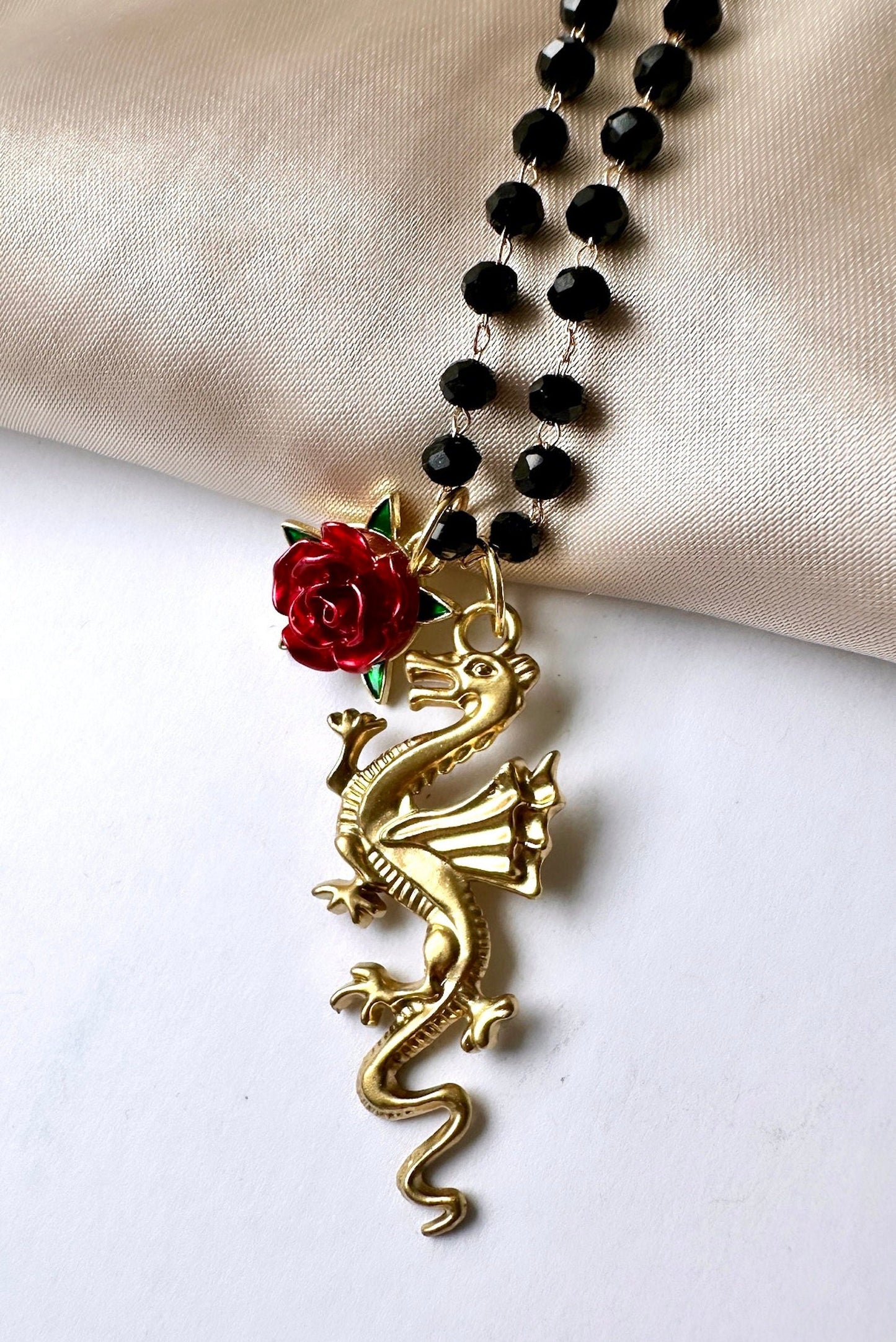 Halloween Necklace, Gold Dragon Necklace, Renaissance Necklace, Beaded Dragon Necklace, Goth Statement Necklace, Medieval Necklace