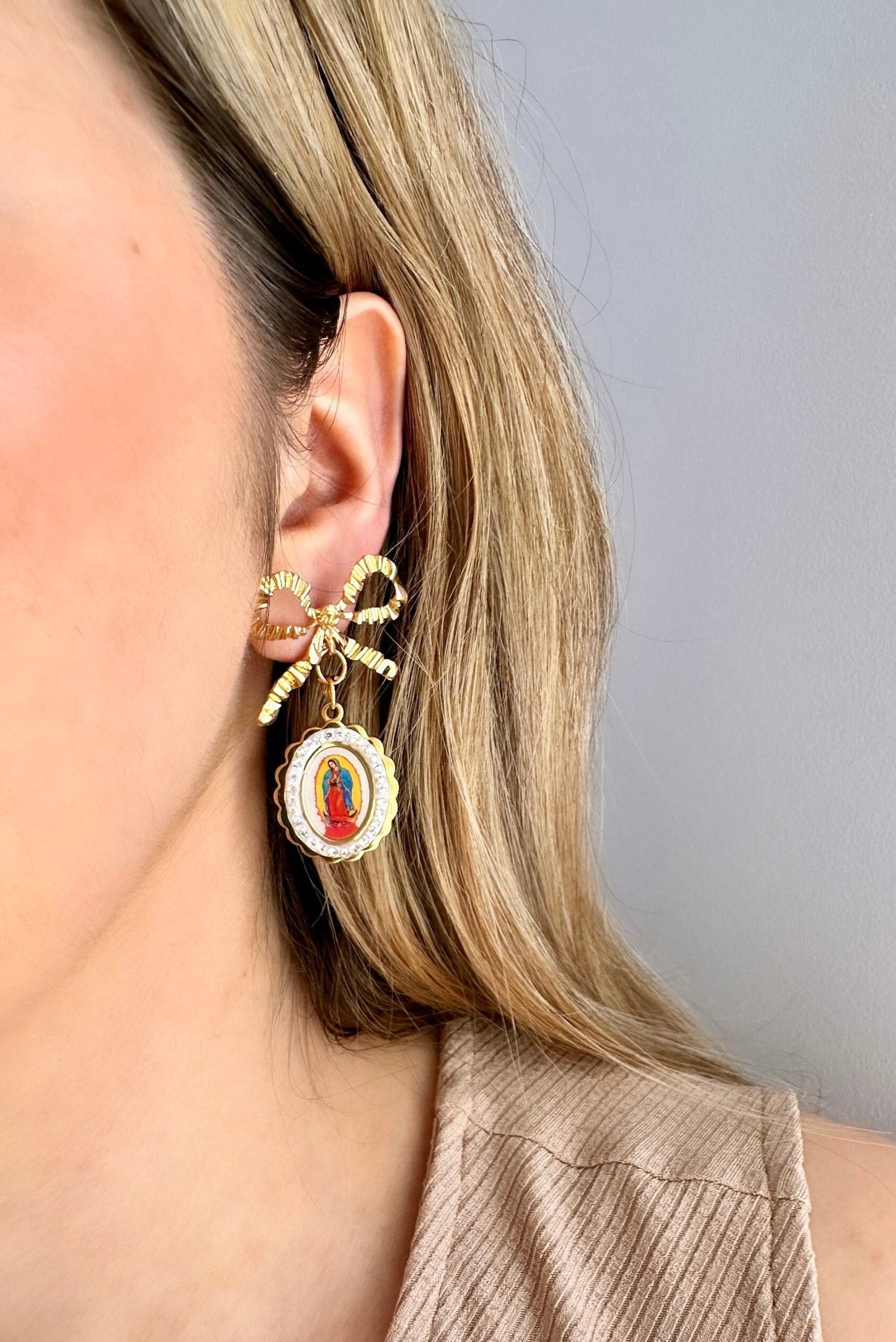 Virgin Mary Earrings, Our Lady Of Guadalupe Earrings, Gold Bow Earrings, Catholic Earrings, Religious Earrings, Adult Baptism Gift For Her