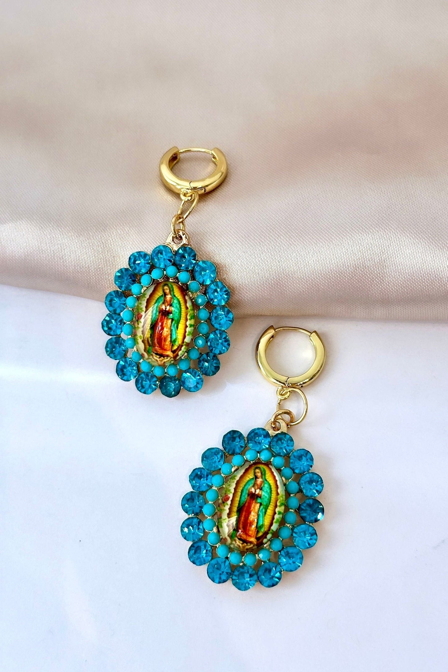 Virgin Mary Earrings, Our Lady Of Guadalupe Earrings, Mexican Earrings, Religious Earrings, Catholic Earrings, Blue Statement Earrings