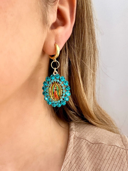 Virgin Mary Earrings, Our Lady Of Guadalupe Earrings, Mexican Earrings, Religious Earrings, Catholic Earrings, Blue Statement Earrings