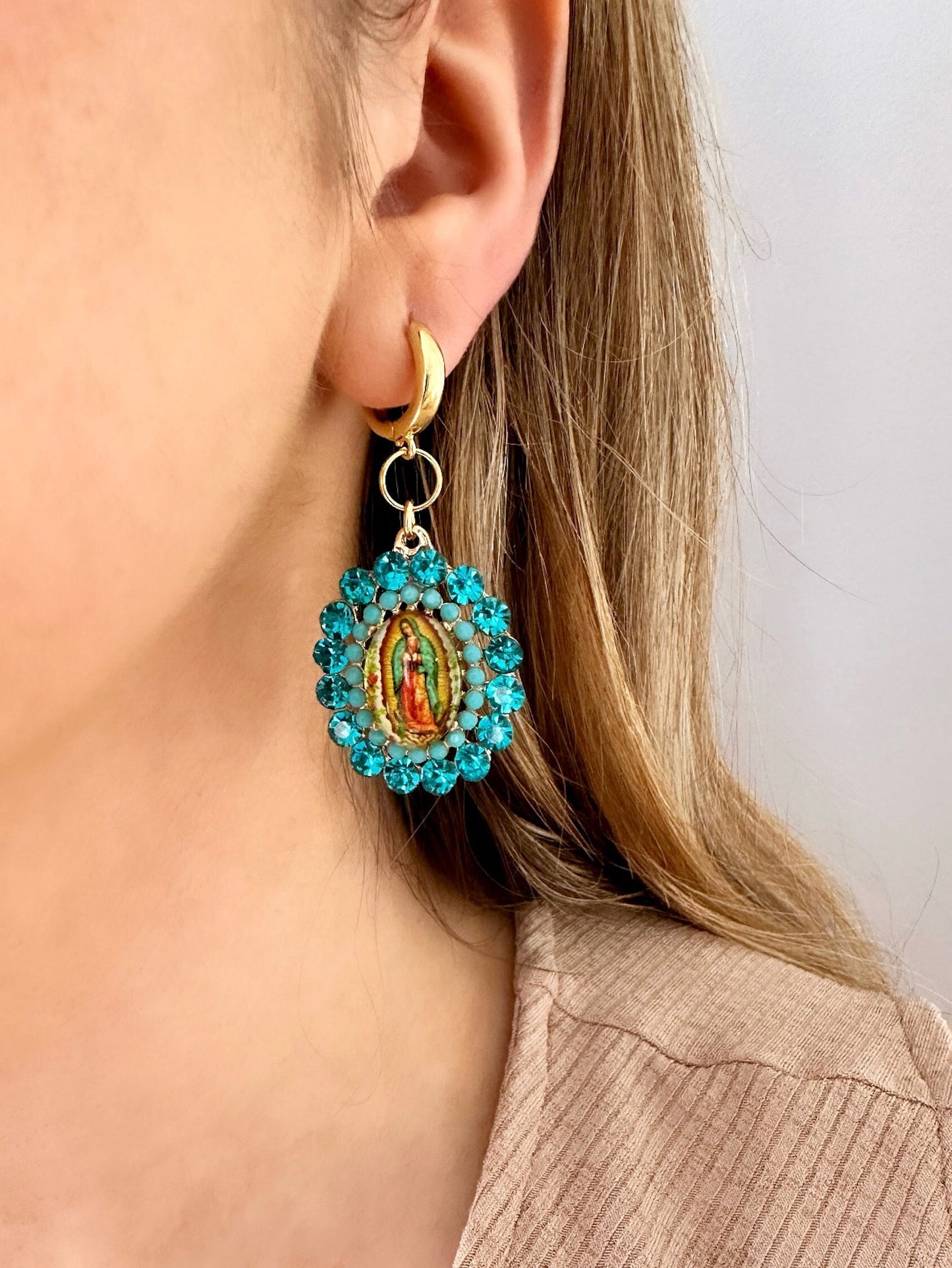 Our Lady Of Guadalupe Earrings, Virgin Mary Earrings, Mexican Earrings, Religious Earrings, Catholic Earrings, Blue Statement Earrings