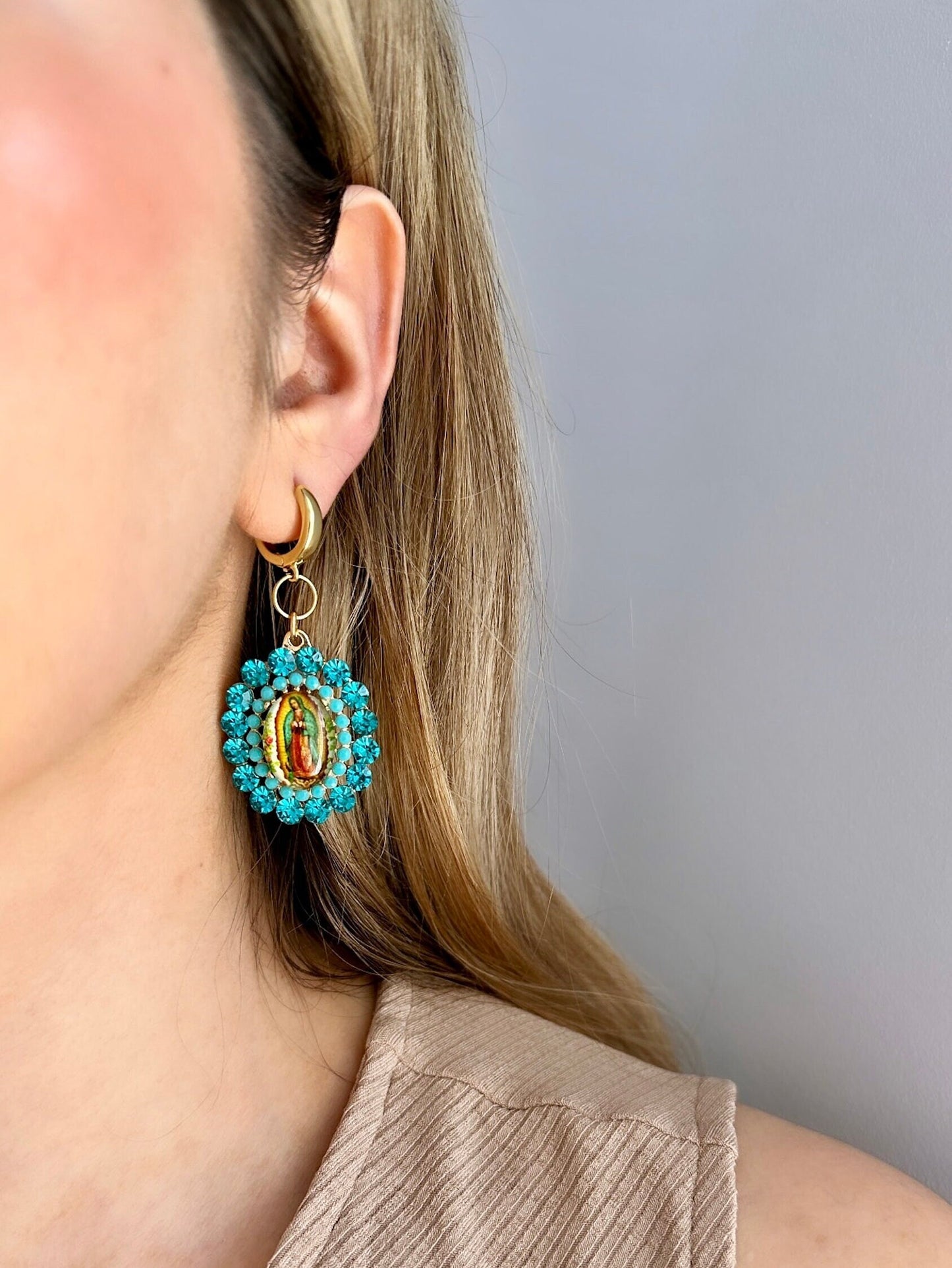 Virgin Mary Earrings, Our Lady Of Guadalupe Earrings, Mexican Earrings, Religious Earrings, Catholic Earrings, Blue Statement Earrings