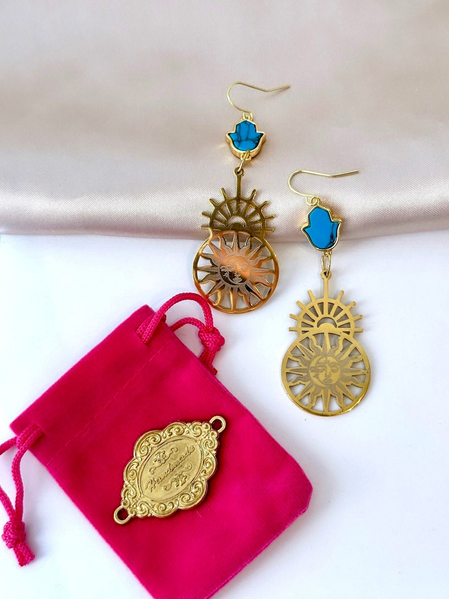 Gold Sun Moon Earrings, Turquoise And Gold Earrings, Hamsa Hand Earrings, Statement Boho Earrings Celestial Earrings Hand Of Fatima Earrings