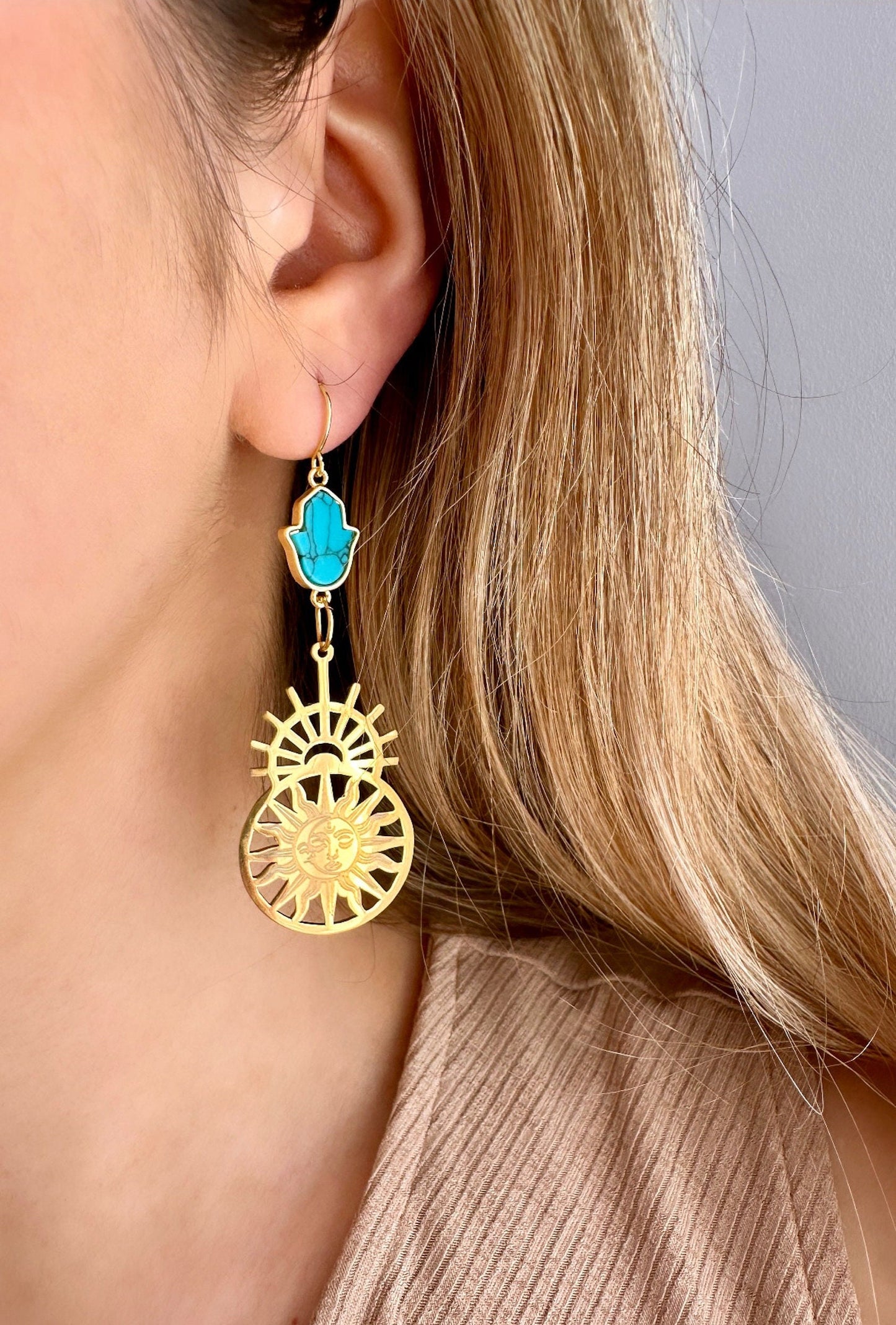 Gold Sun Moon Earrings, Turquoise And Gold Earrings, Hamsa Hand Earrings, Statement Boho Earrings Celestial Earrings Hand Of Fatima Earrings