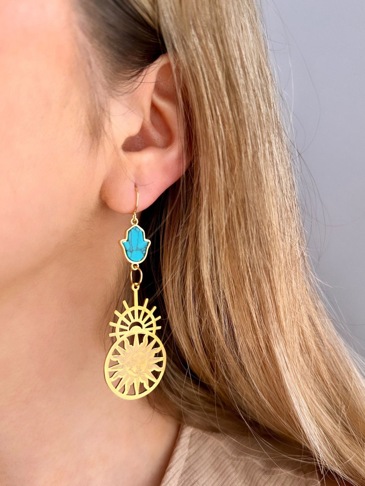 Gold Sun Moon Earrings, Turquoise And Gold Earrings, Hamsa Hand Earrings, Statement Boho Earrings Celestial Earrings Hand Of Fatima Earrings