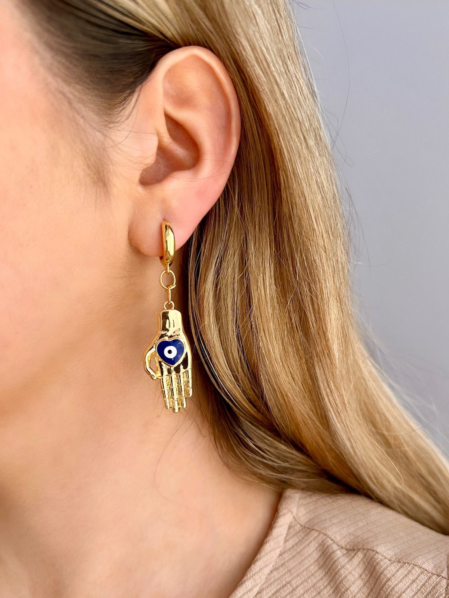 Evil Eye Hoop Earring, Gold Hand Earrings, Evil Eye Earrings Gold, Evil Eye Heart Charm, Tarnish Free Huggie Hoop, Boho Dangle Earrings