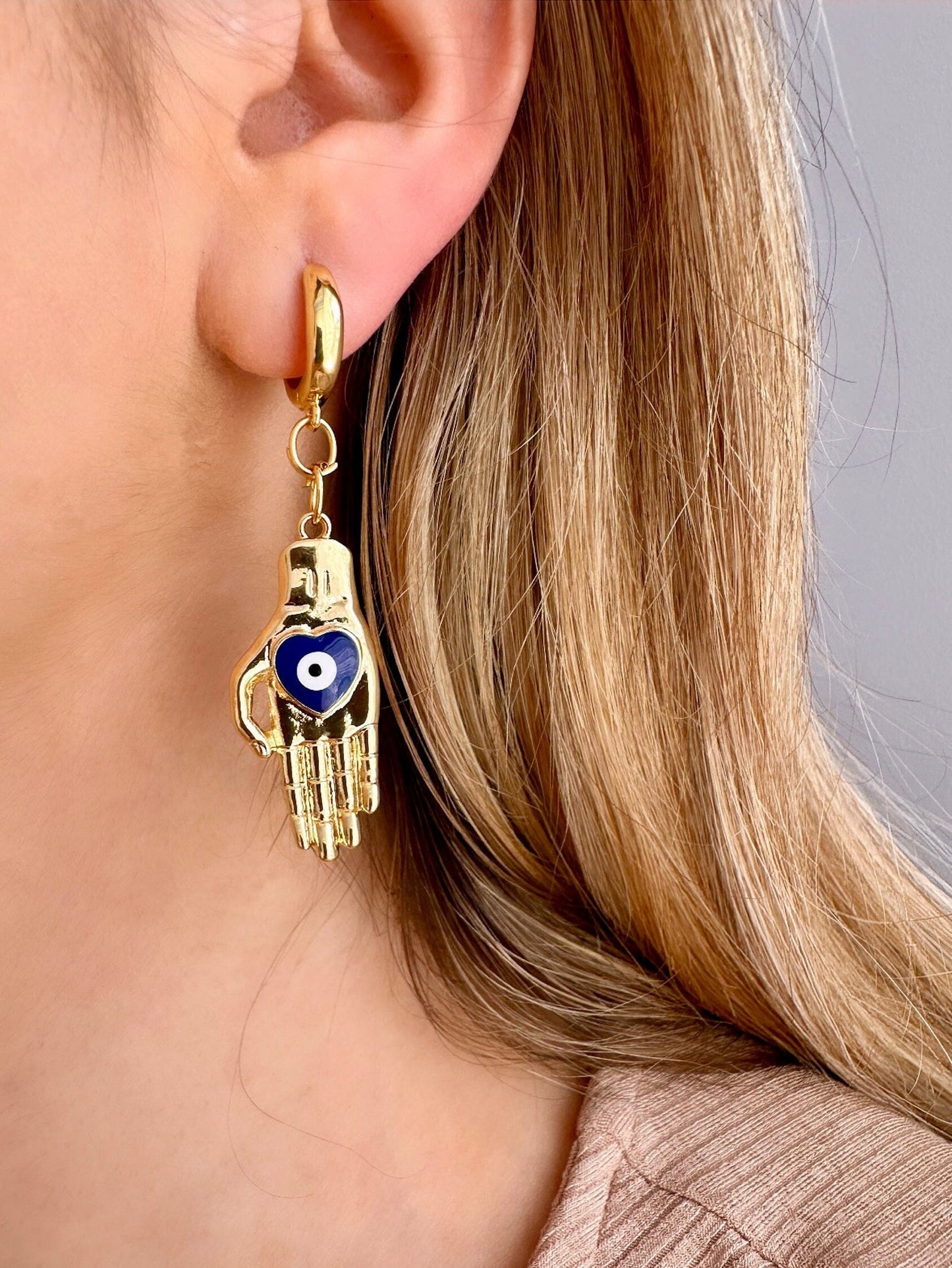 Evil Eye Hoop Earring, Gold Hand Earrings, Evil Eye Earrings Gold, Evil Eye Heart Charm, Tarnish Free Huggie Hoop, Boho Dangle Earrings