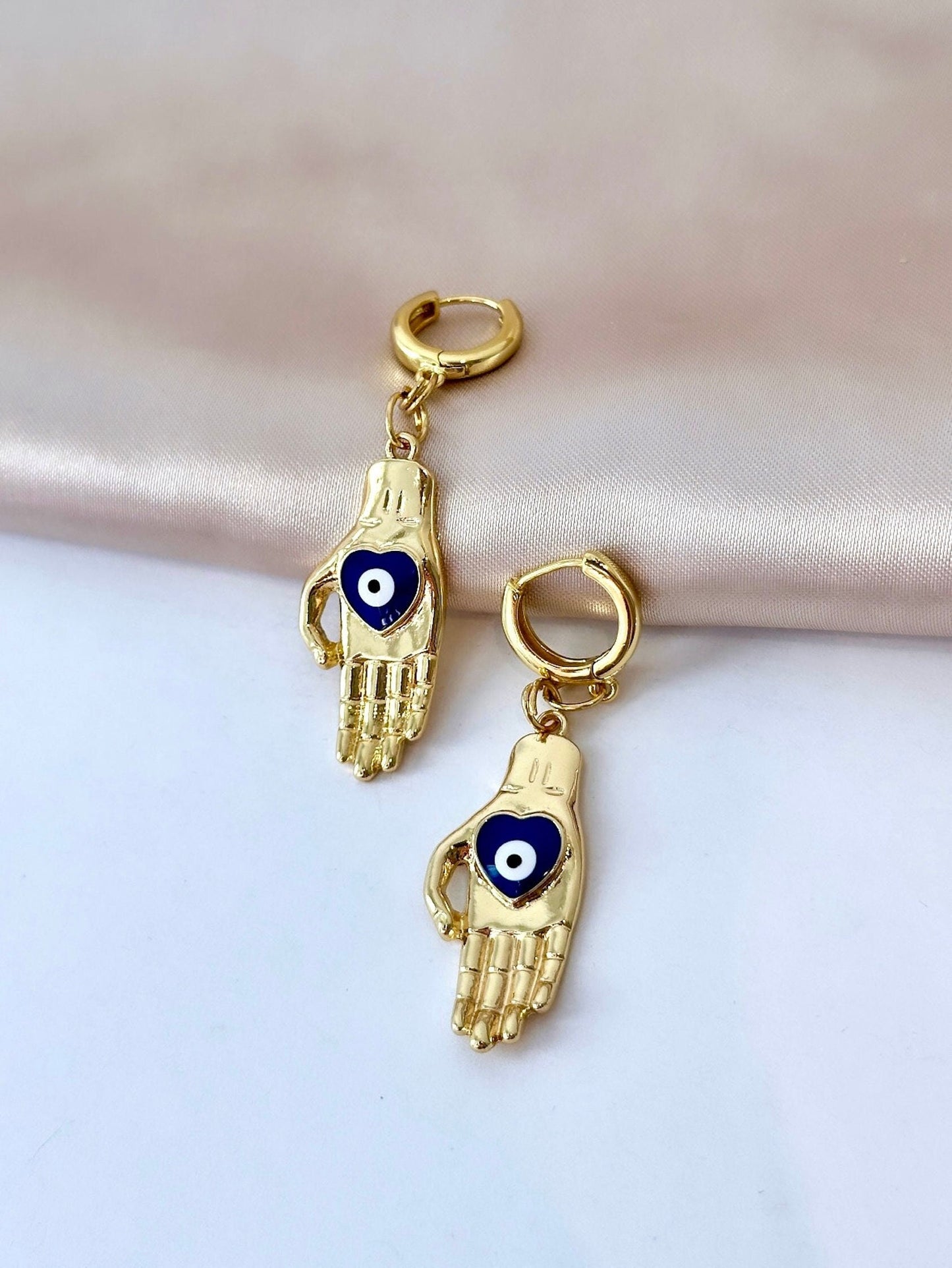 Evil Eye Hoop Earring, Gold Hand Earrings, Evil Eye Earrings Gold, Evil Eye Heart Charm, Tarnish Free Huggie Hoop, Boho Dangle Earrings