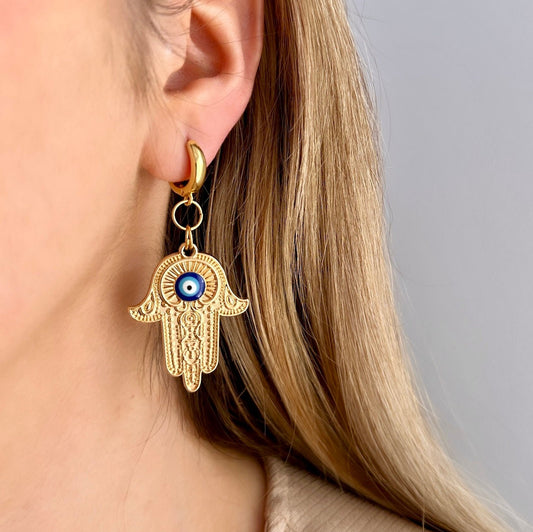 Hand Of Fatima Earrings, Evil Eye Dangle Earrings, Gold Hamsa Earrings, Evil Eye Hoop Earring, Evil Eye Hamsa, Arabic Earrings, Summer Hoops