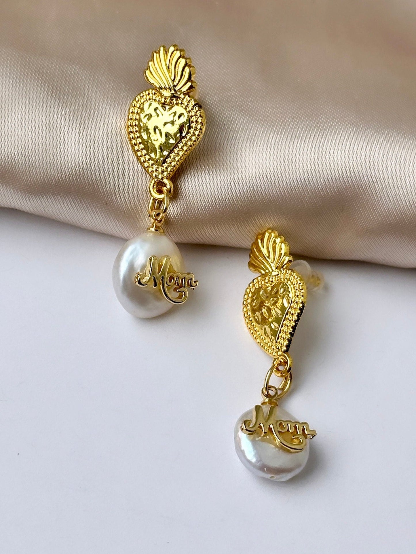 Gold Sacred Heart Earrings, 14K Gold Pearl Earring, Mom Earrings, Sacred Heart Dangle Earrings, Milagro Earrings, Mom Gift For Wedding