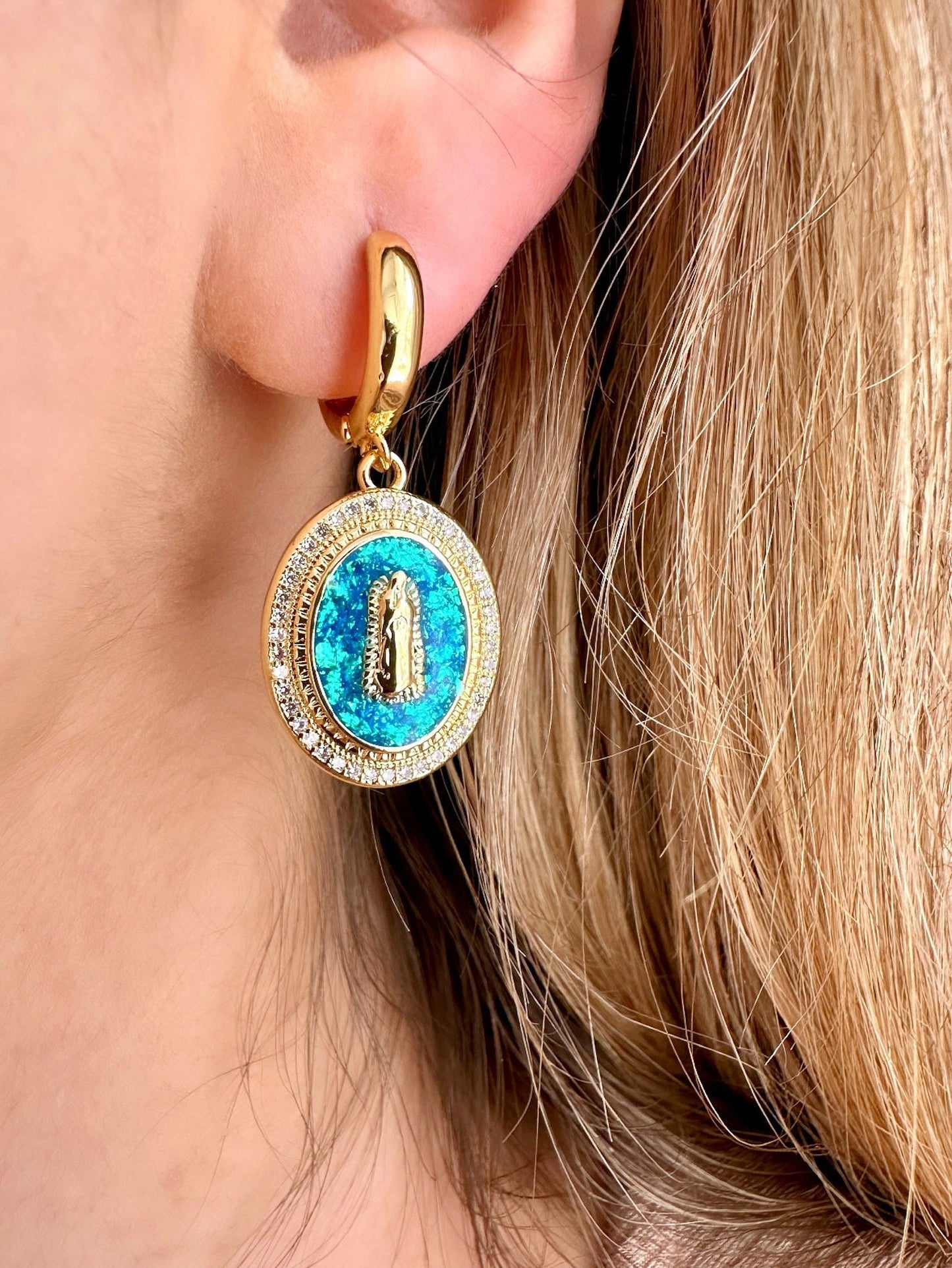 Our Lady Of Guadalupe Earrings, Opal Dangle Earrings, Virgin Mary Earrings, 18K Gold Hoop Earrings, Catholic Earrings, Virgin Mary Medal