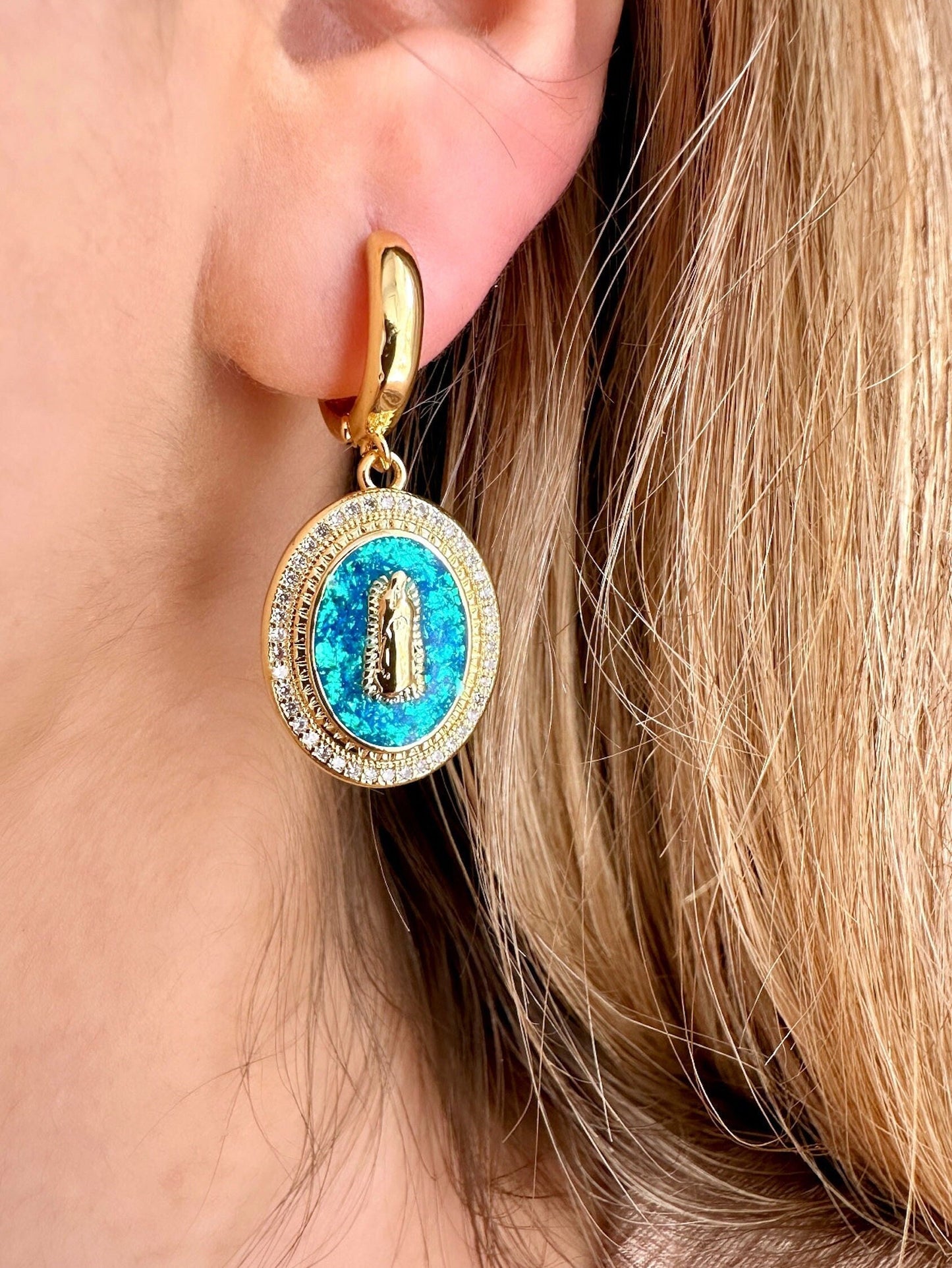 Virgin Mary Earrings, Opal Dangle Earrings, Our Lady Of Guadalupe Earrings, 18K Gold Hoop Earrings, Catholic Earrings, Virgin Mary Medal