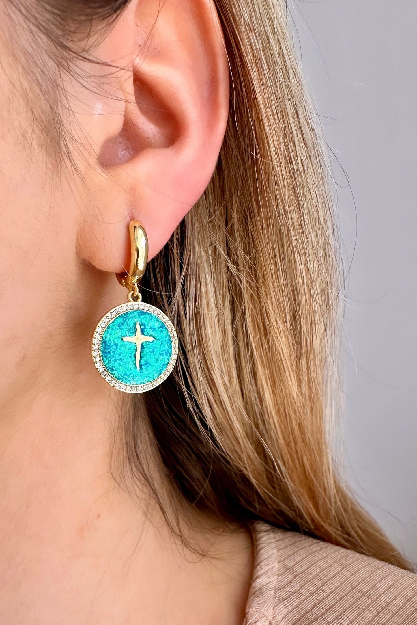 Gold Cross Hoop Earrings, Opal Cross Earrings, Tiny Cross Earrings, Greek Cross Earrings, Resin Cross Earrings, Non Tarnish Hoop Earrings