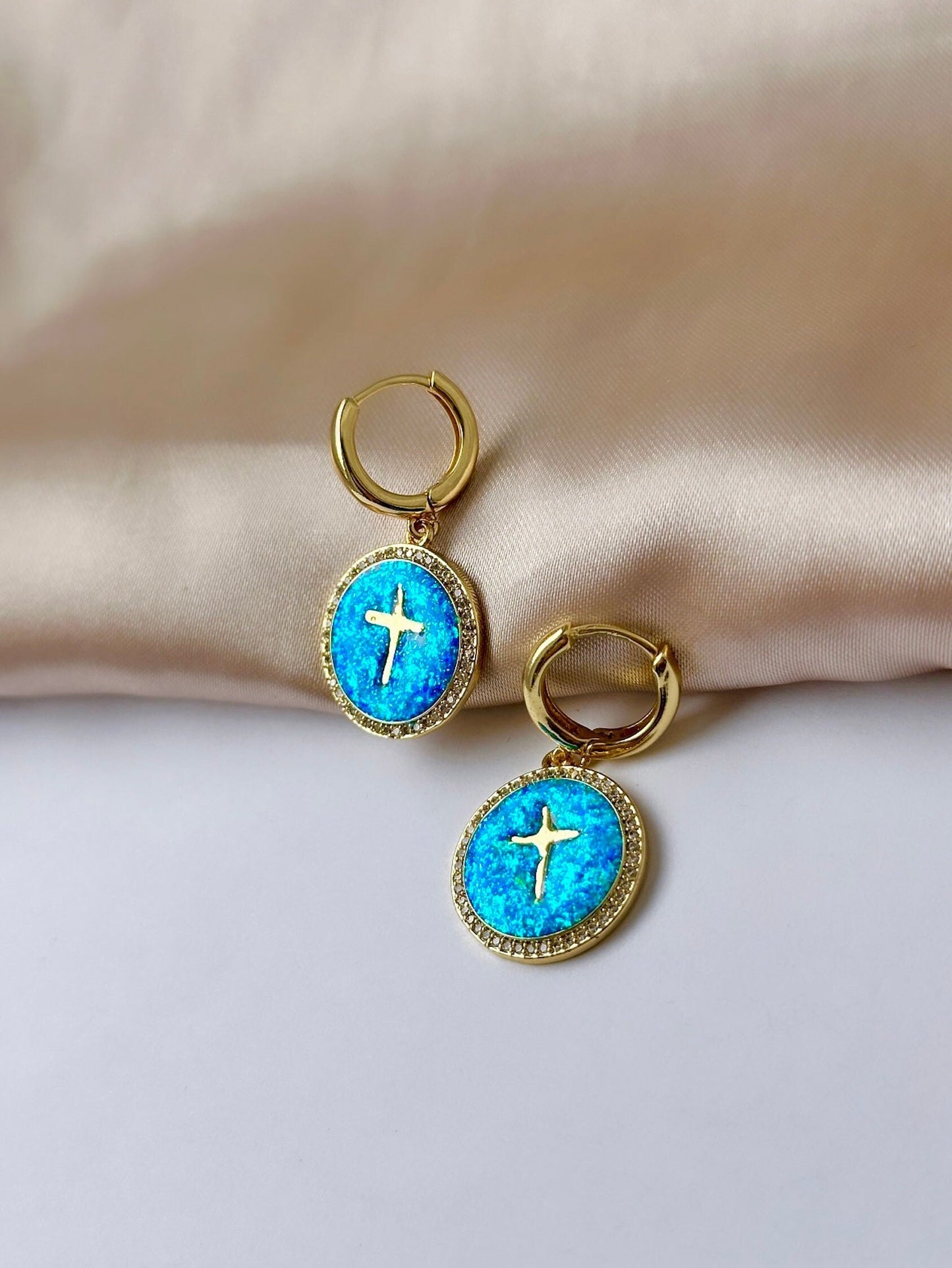 Opal Cross Earrings, Tiny Cross Earrings, Gold Cross Hoop Earrings, Greek Cross Earrings, Resin Cross Earrings, Non Tarnish Hoop Earrings