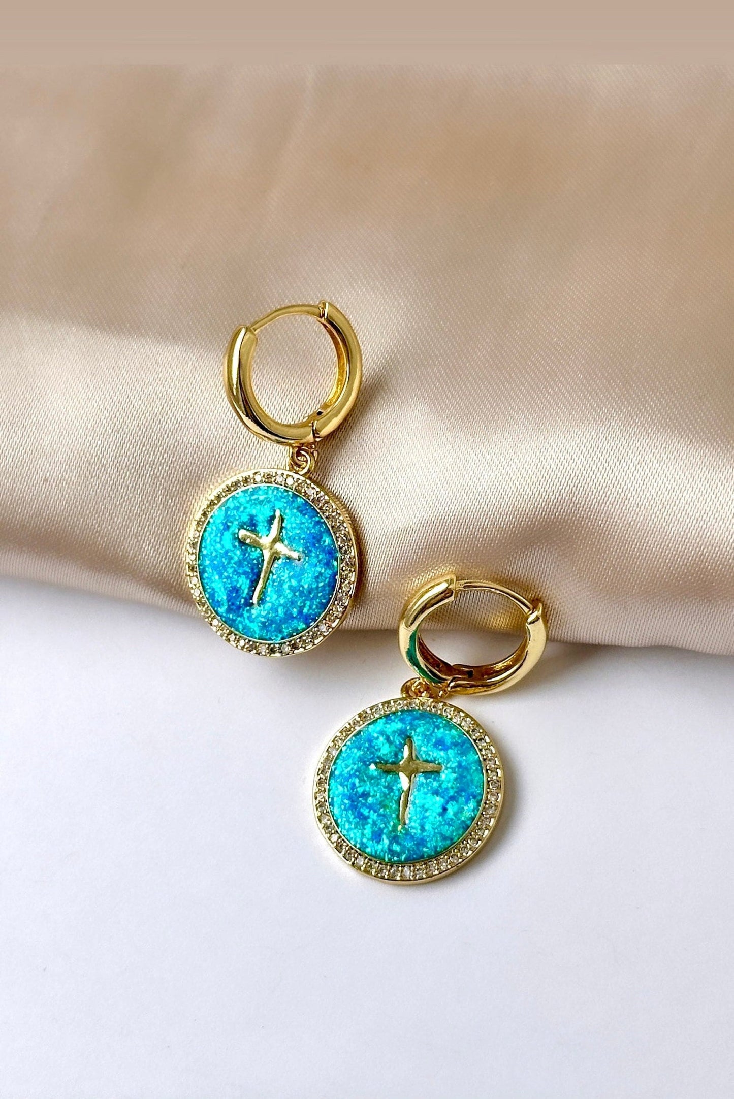 Opal Cross Earrings, Tiny Cross Earrings, Gold Cross Hoop Earrings, Greek Cross Earrings, Resin Cross Earrings, Non Tarnish Hoop Earrings