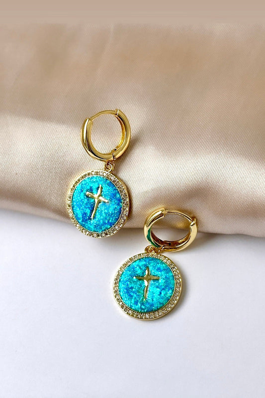 Gold Cross Hoop Earrings, Opal Cross Earrings, Tiny Cross Earrings, Greek Cross Earrings, Resin Cross Earrings, Non Tarnish Hoop Earrings