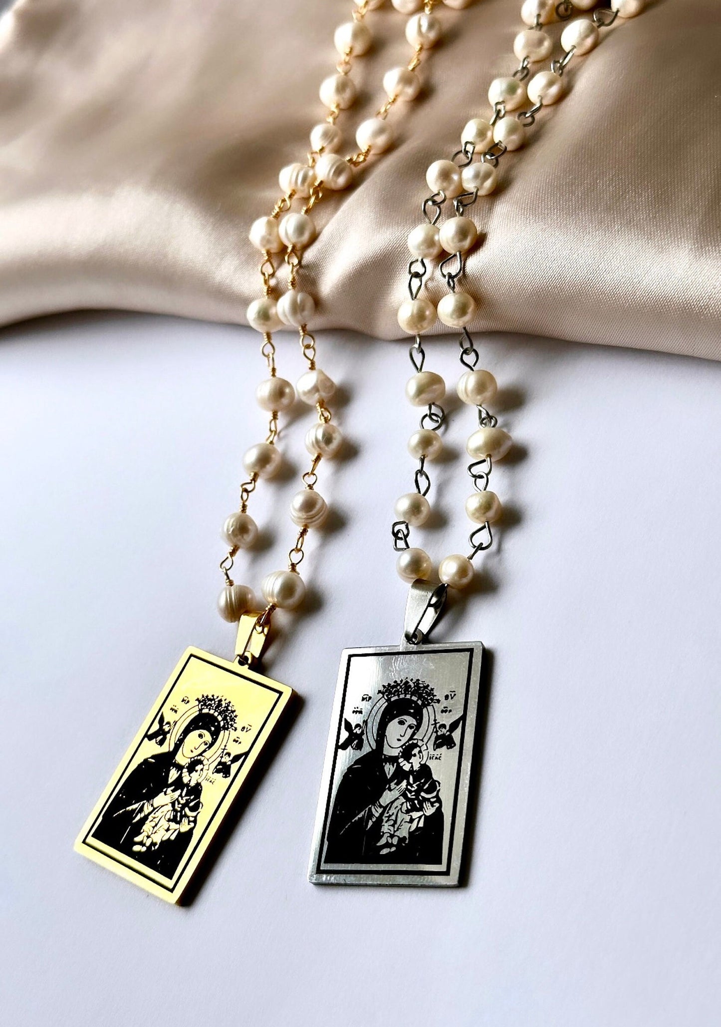 Virgin Mary Pearl Necklace, Orthodox Icon Pendant, Virgin Mary Portrait, Baptism Necklace Real Pearl Necklace Orthodox Virgin Mary And Jesus