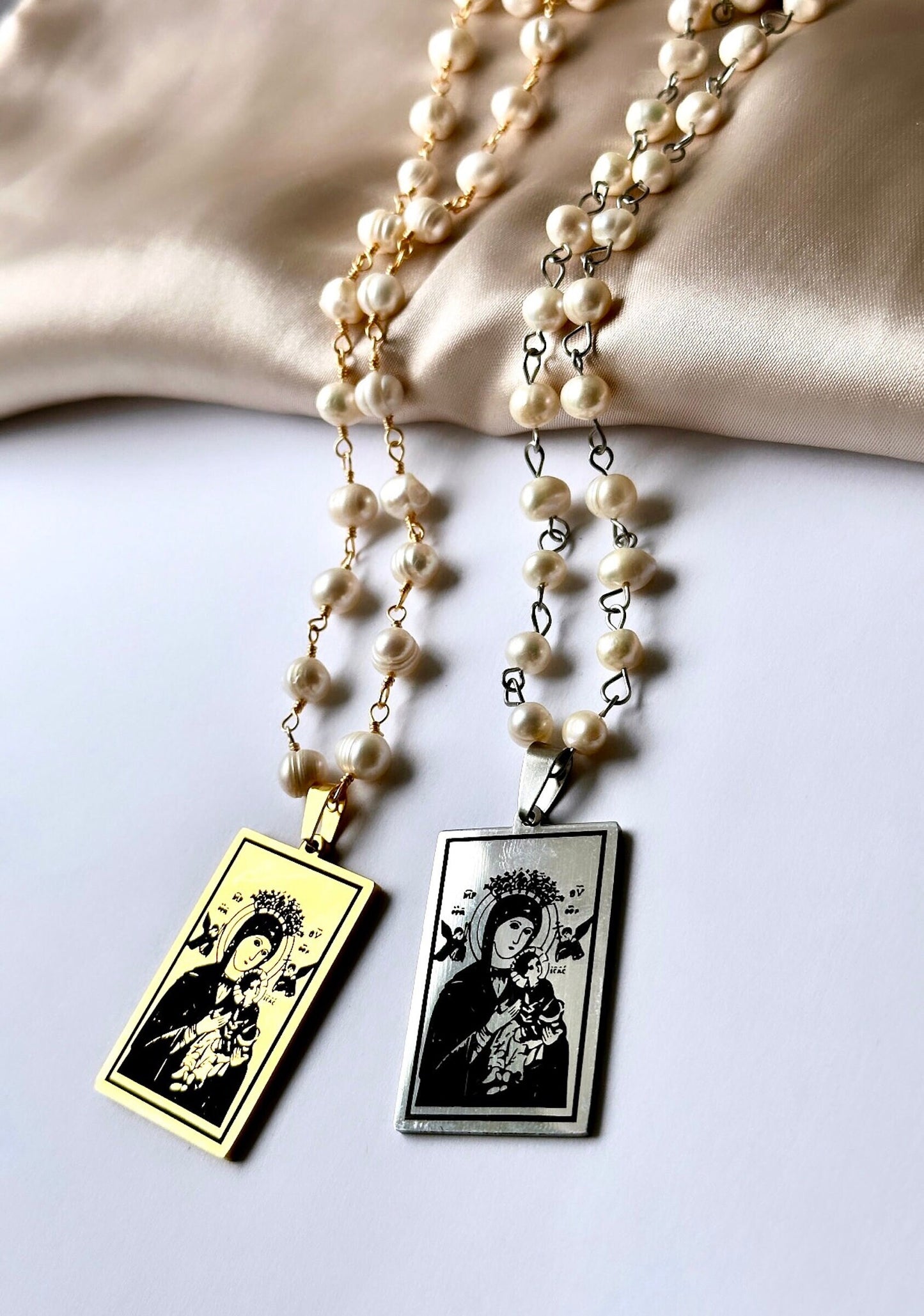 Orthodox Icon Pendant, Baptism Necklace, Real Pearl Necklace, Orthodox Virgin Mary And Jesus, Religious Studies Teacher Gift, Christmas Gift