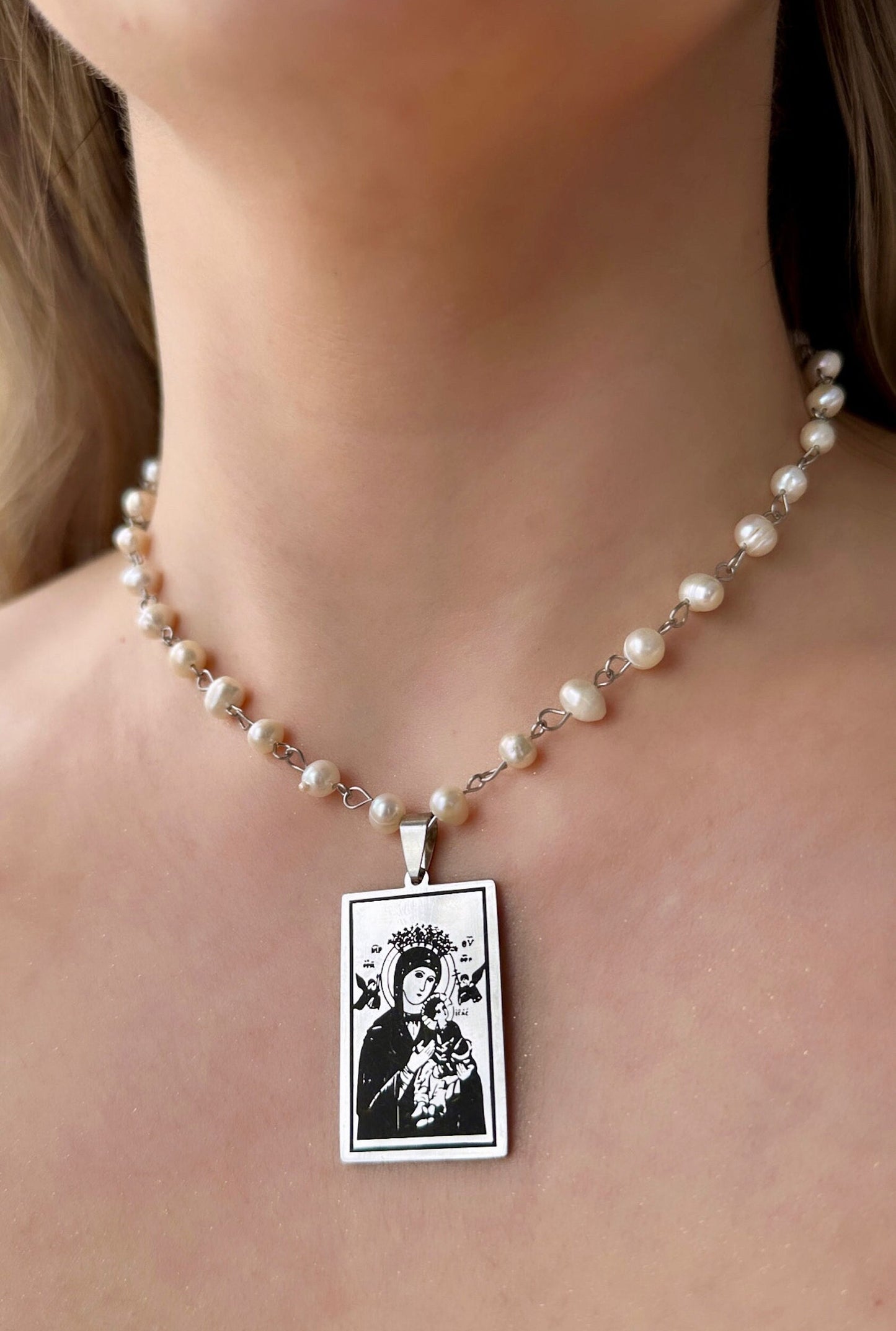 Virgin Mary Pearl Necklace, Orthodox Icon Pendant, Virgin Mary Portrait, Baptism Necklace Real Pearl Necklace Orthodox Virgin Mary And Jesus