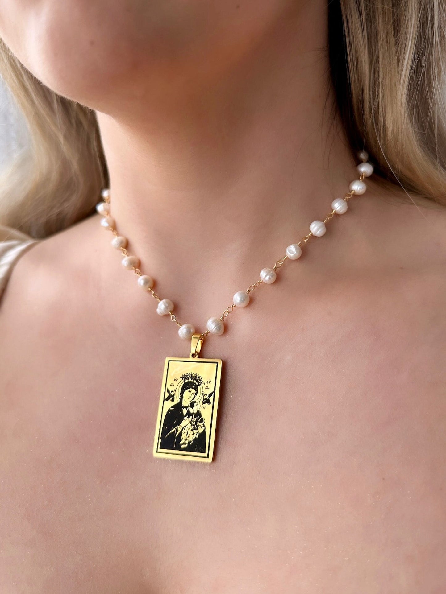 Virgin Mary Pearl Necklace, Orthodox Icon Pendant, Virgin Mary Portrait, Baptism Necklace Real Pearl Necklace Orthodox Virgin Mary And Jesus