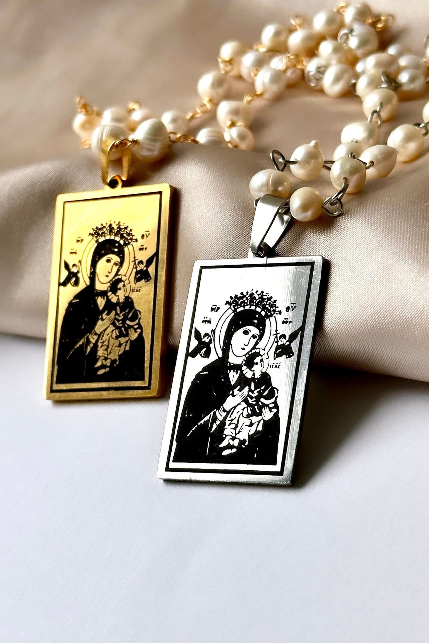 Virgin Mary Pearl Necklace, Orthodox Icon Pendant, Virgin Mary Portrait, Baptism Necklace Real Pearl Necklace Orthodox Virgin Mary And Jesus