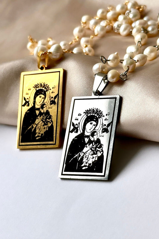 Orthodox Icon Pendant, Baptism Necklace, Real Pearl Necklace, Orthodox Virgin Mary And Jesus, Religious Studies Teacher Gift, Christmas Gift