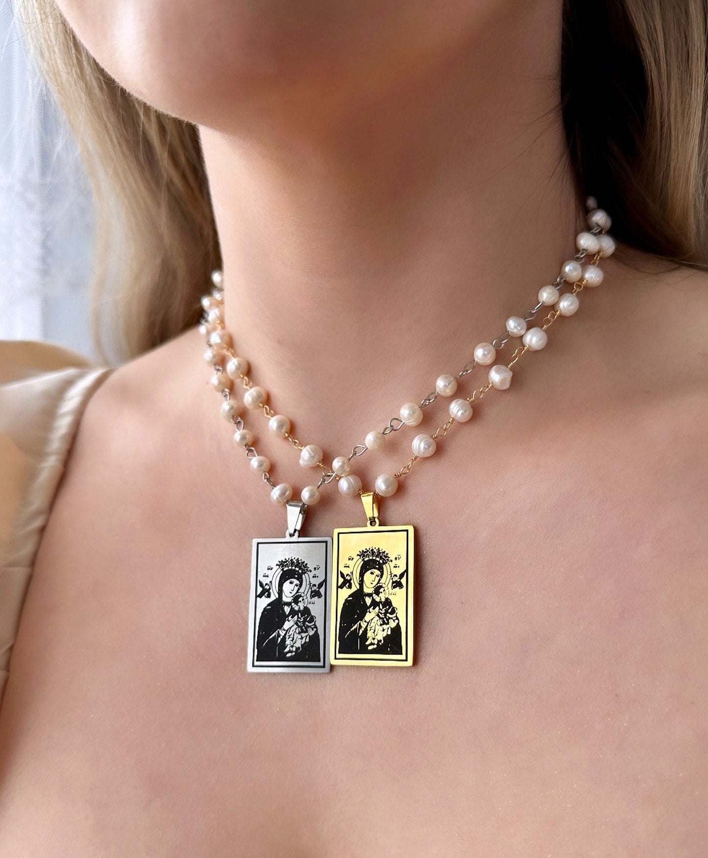 Virgin Mary Pearl Necklace, Orthodox Icon Pendant, Virgin Mary Portrait, Baptism Necklace Real Pearl Necklace Orthodox Virgin Mary And Jesus