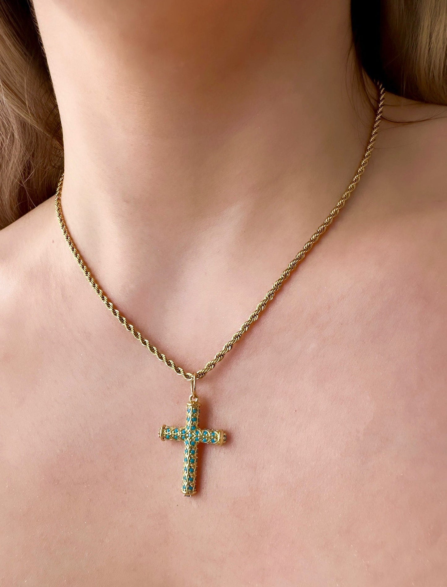 Turquoise Gold Cross, Rope Chain Cross Necklace, Stainless Steel Cross And Chain, Turquoise Silver Cross, Stainless Steel Cross Pendant