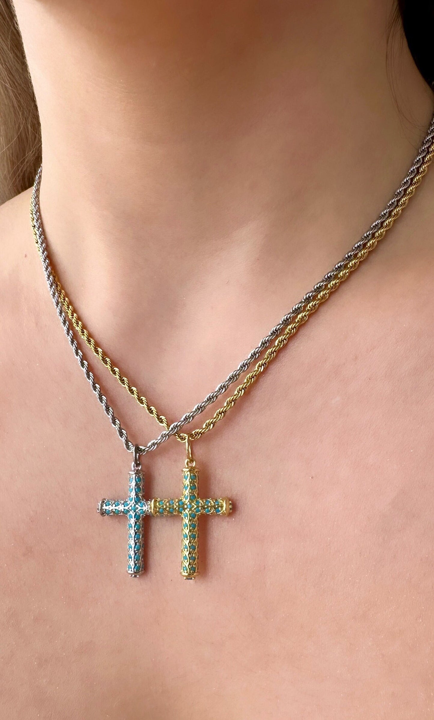 Turquoise Gold Cross, Rope Chain Cross Necklace, Stainless Steel Cross And Chain, Turquoise Silver Cross, Stainless Steel Cross Pendant