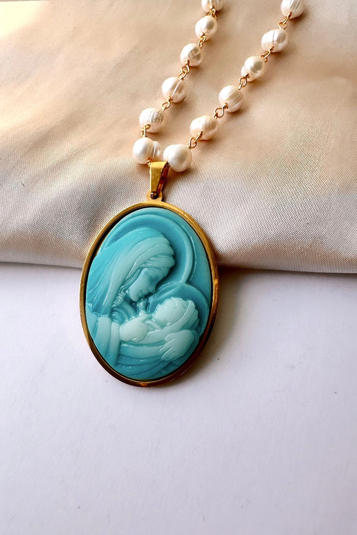 Virgin Mary Pearl Necklace, Baby Jesus Necklace, Virgin Mary Cameo, Religious Cameo, Pearl Cameo Necklace, Virgin Mary And Baby