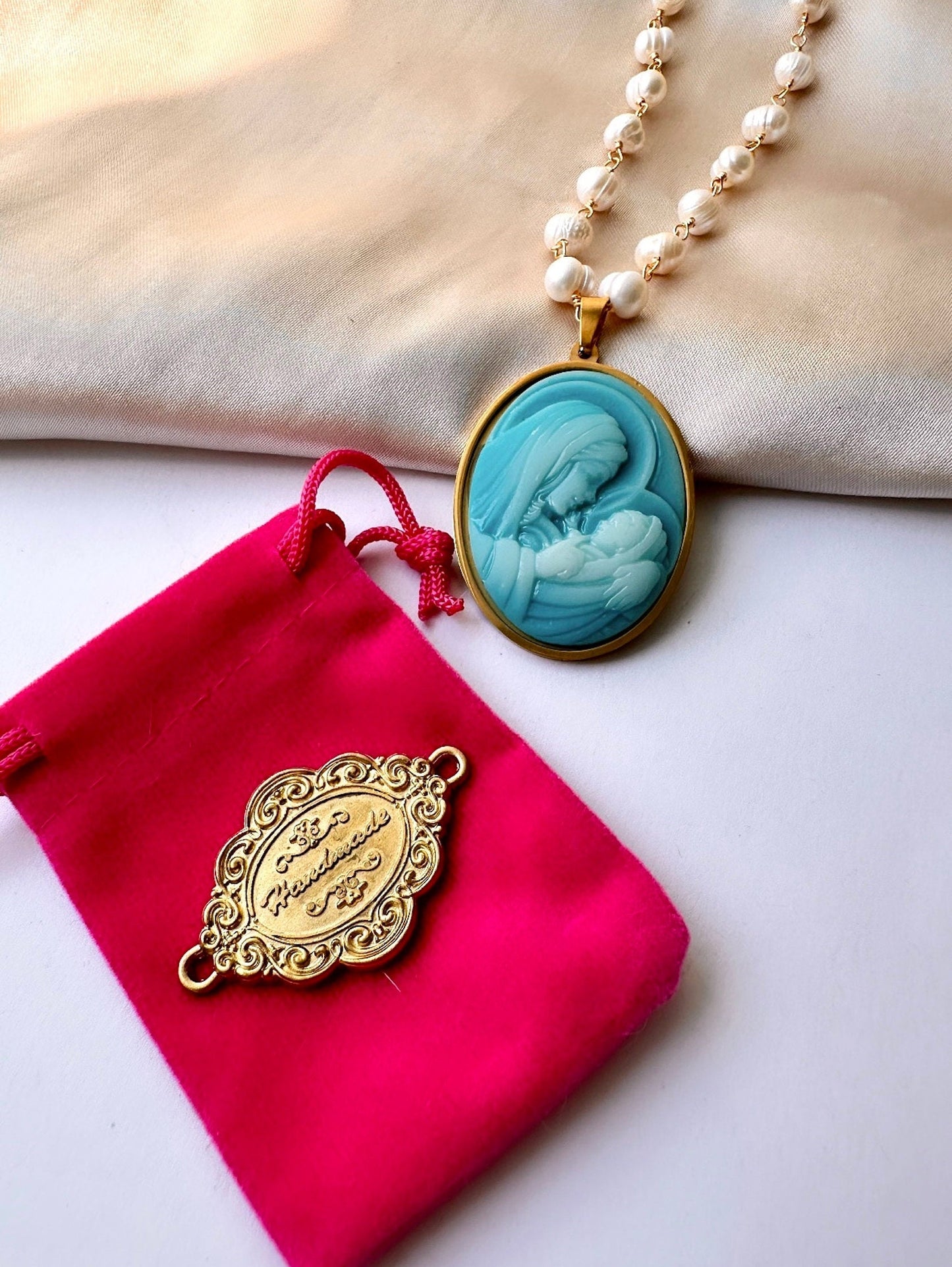 Virgin Mary Pearl Necklace, Baby Jesus Necklace, Virgin Mary Cameo, Religious Cameo, Pearl Cameo Necklace, Virgin Mary And Baby