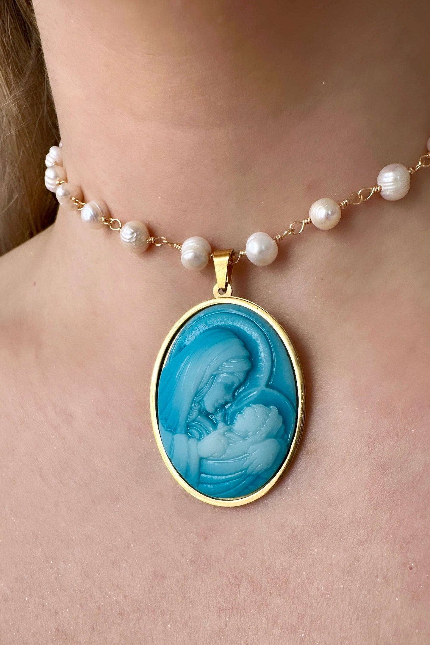 Virgin Mary Pearl Necklace, Baby Jesus Necklace, Virgin Mary Cameo, Religious Cameo, Pearl Cameo Necklace, Virgin Mary And Baby