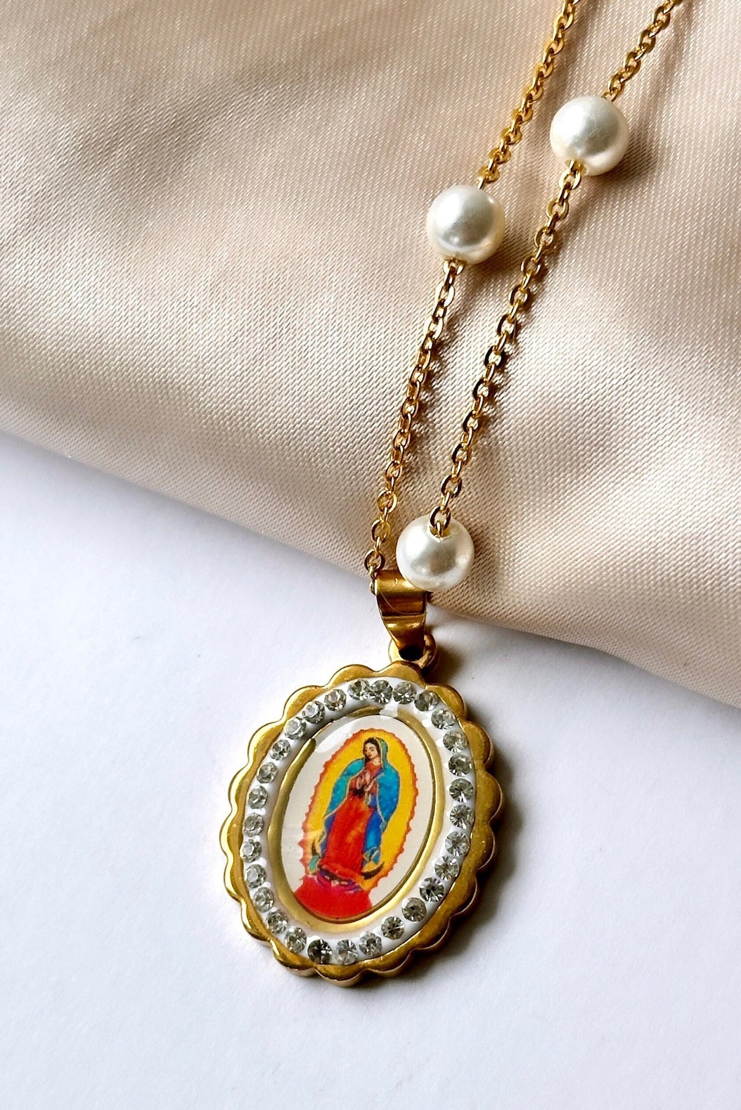 Virgin Mary Pendant Color, Virgin Mary Pendant Gold Waterproof, Our Lady Of Guadalupe Gold Pendant, Satellite Pearl Necklace, Religious Gift