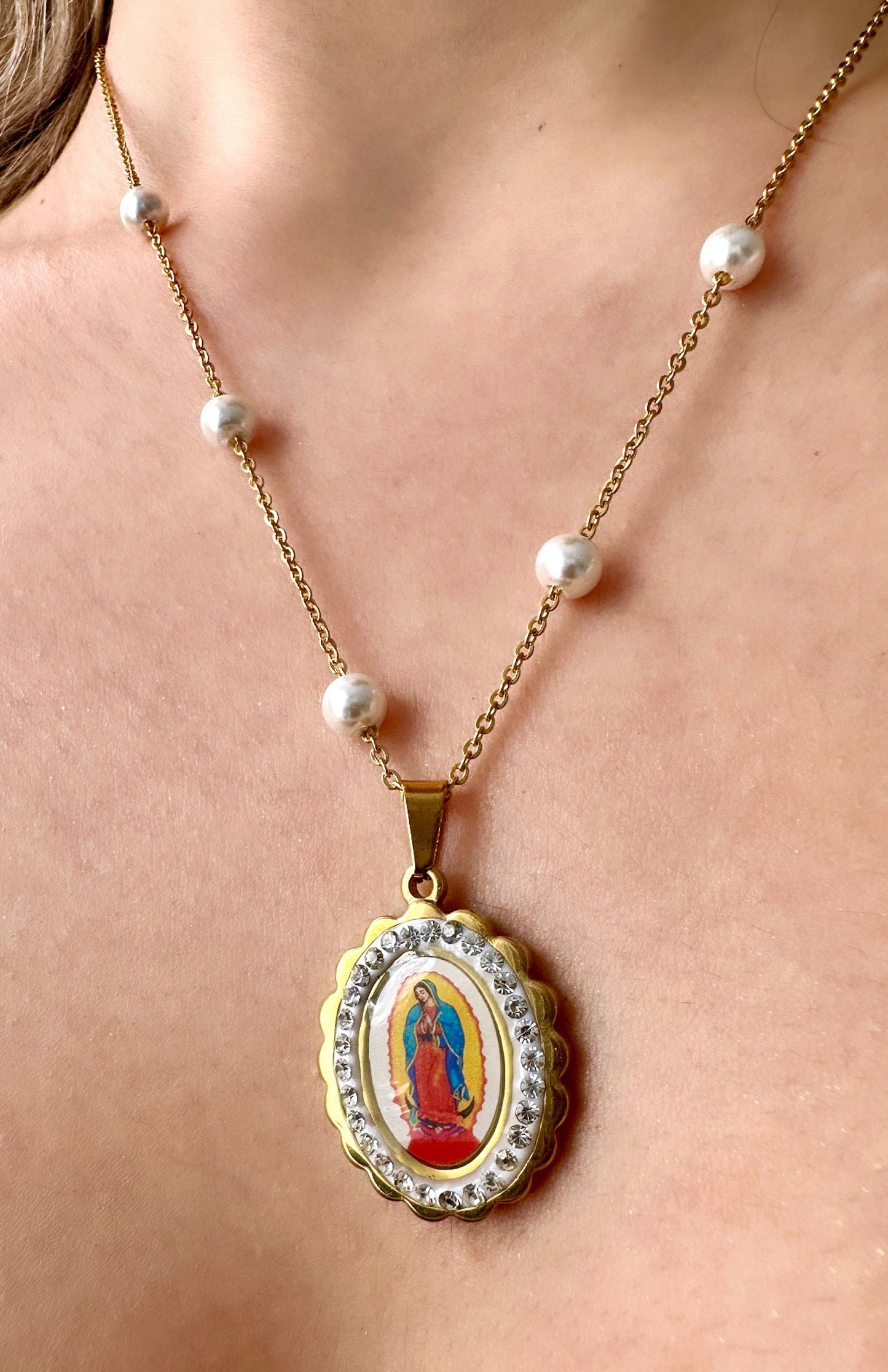 Virgin Mary Pendant Color, Virgin Mary Pendant Gold Waterproof, Our Lady Of Guadalupe Gold Pendant, Satellite Pearl Necklace, Religious Gift