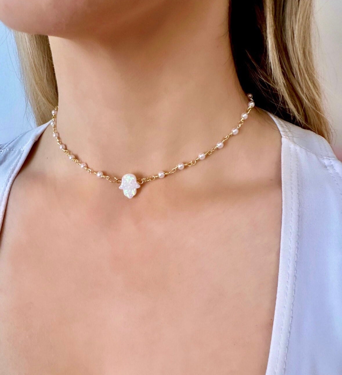 Opal Hamsa Necklace, Opalite Choker, Hand Of Fatima Necklace, Tiny Pearl Bead Necklace, Opal Pearl Necklace, Pearl Hand Chain, Pearl Choker