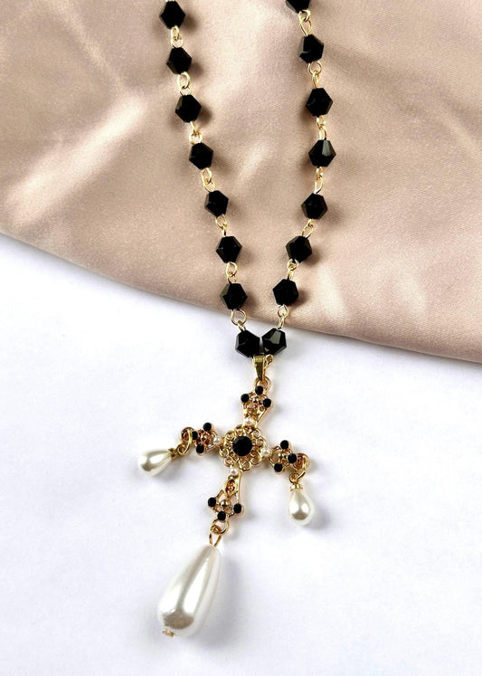 Renaissance Cross Necklace, Tudor Cross Necklace, Medieval Cross Necklace, Goth Cross Necklace, Pearl Cross Necklace, Halloween Necklace