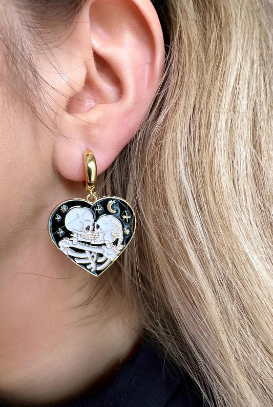 Skeleton Dangle Earrings, Halloween Hoop Earrings, Goth Hoops, Skeleton Kissing, Skeleton Lovers, Halloween Jewelry For Women